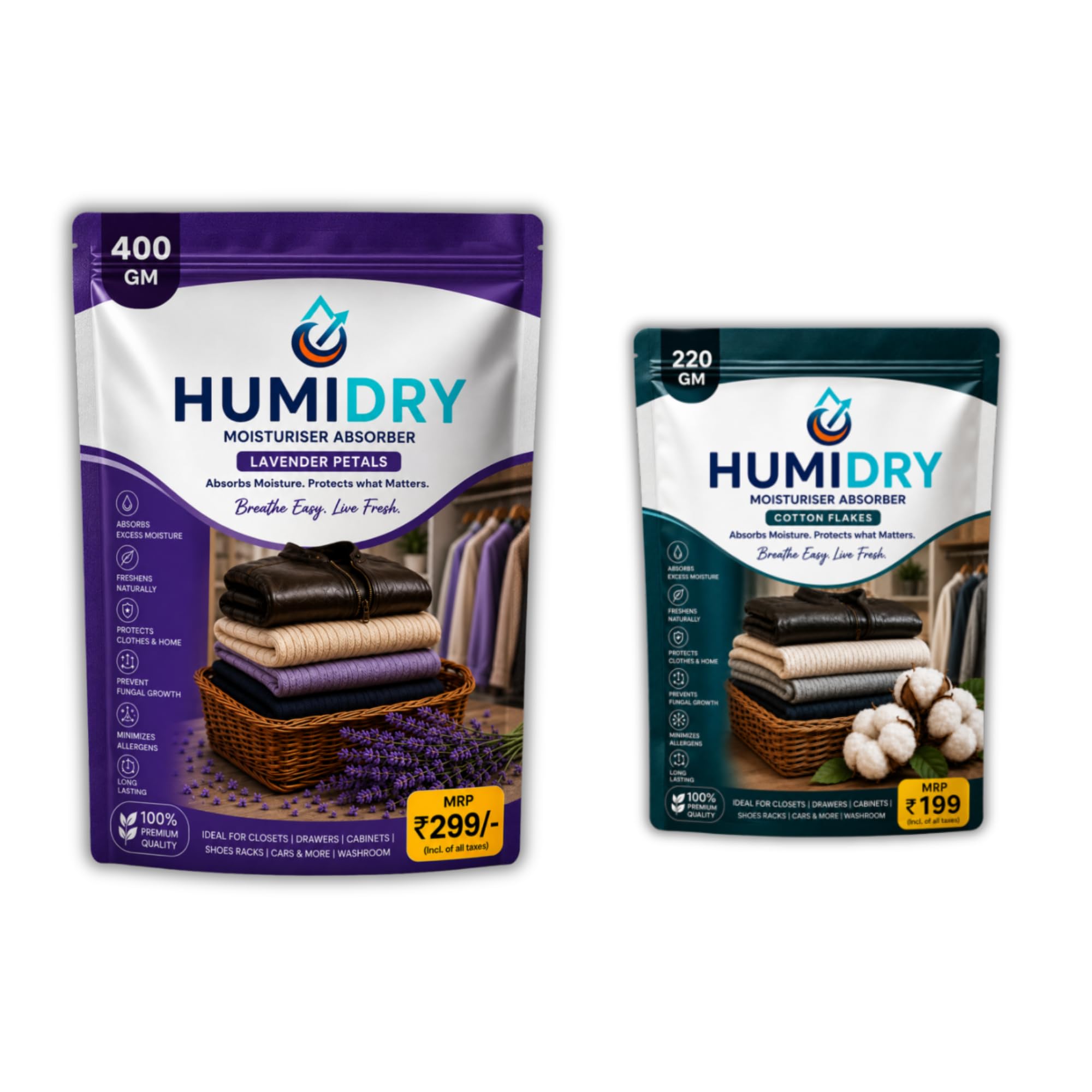 Moisture Absorber Combo Pack of 2 (Lavender Petals 400g & Cotton Flakes 220g)| Dehumidifier for Wardrobe, Closet, Cabinet, Drawer, Shoe Rack, Bathroom & Car-picture-56
