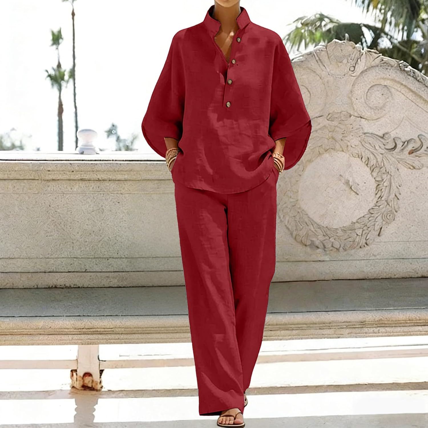 Cotton Linen Sets for Women 2 Piece Summer Outfits Batwing Sleeve V Neck Button Top Wide Leg Pants Matching Lounge Set