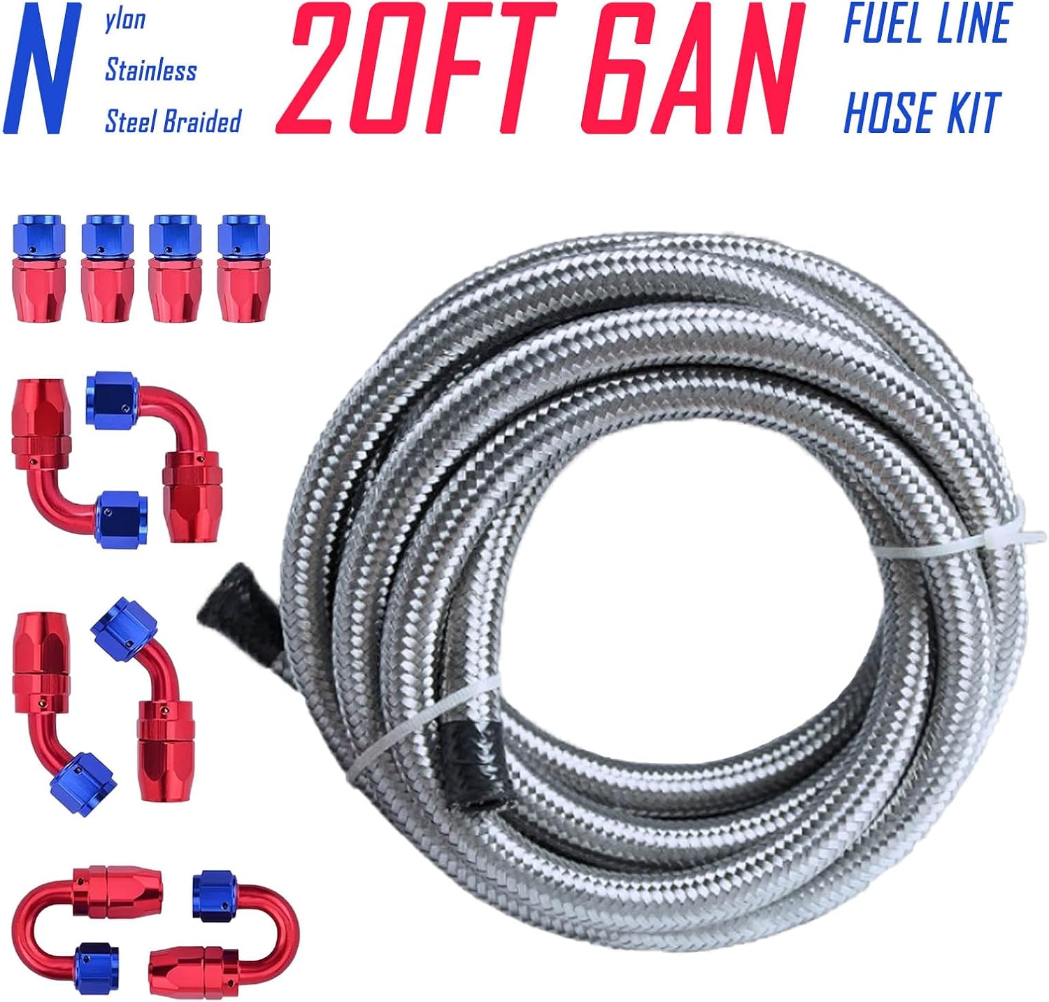 6AN Fuel Line Kit - 20FT 3/8 Braided Fuel Line CPE Nylon Stainless Steel with 10PCS 6AN Fitting Hose End Adapters