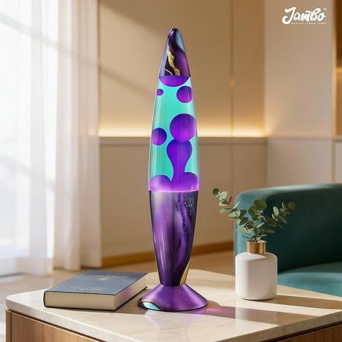 Miniatura 4 de JAMBO Hermosa lámpara de 16 pulgadas, color verde azulado con cera morada, luz líquida relajante, luz nocturna, luz nocturna retro, luz de Mármol