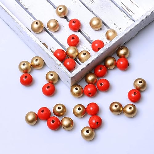 Miniatura 7 de 50 cuentas redondas de madera dorada y roja de 0.787in, cuentas sueltas y lisas, suministros de cuentas espaciadoras para cuentas de granja,
