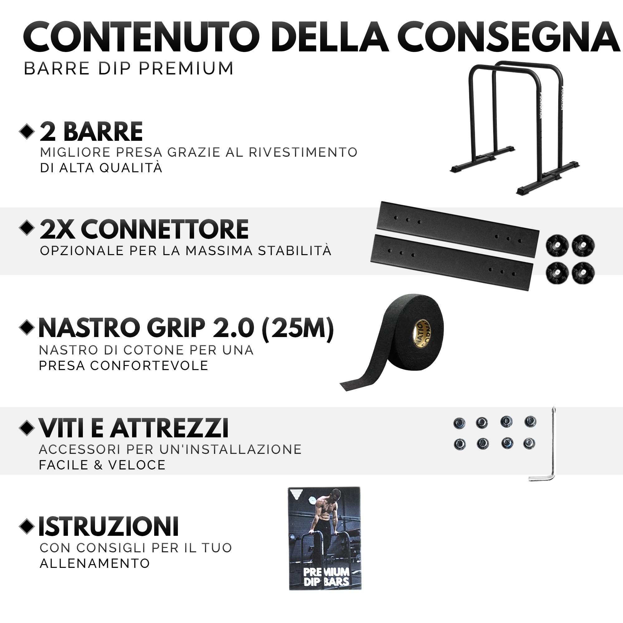 GORNATION Dip Bars, Barre Dip, Barre Parallele Alte Regolabili per Calisthenics e Fitness, Dips Station con Piedini Antiscivolo e Presa Sicura, Attrezzatura per Home Gym