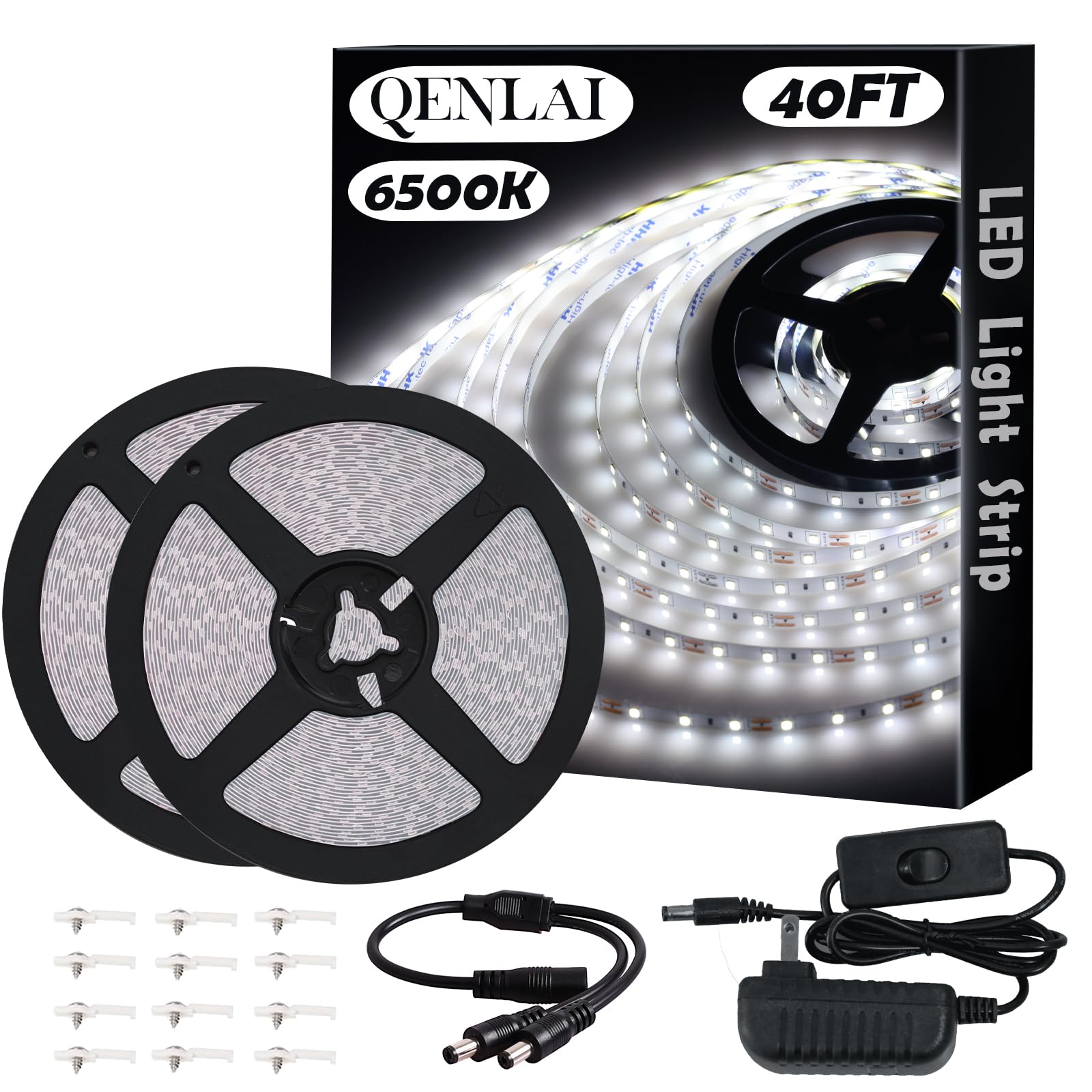 40ft White LED Light Strip Kit, 6500K Strip Light, 720 LED 12V Flexible Cuttable LED Light Strips for Bedroom Kitchen Under Cabinet Lighting Indoor