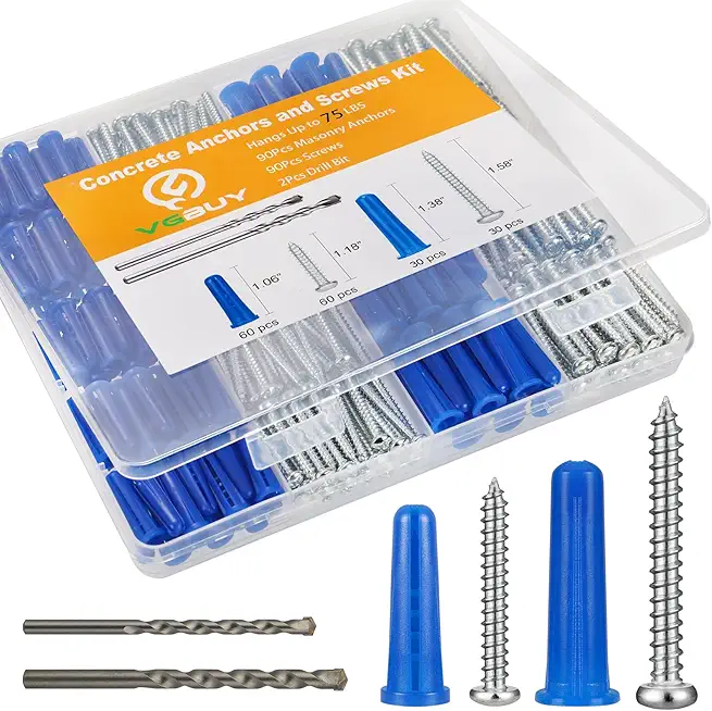 180PCS Conical Concrete Anchors and Screws Assortment Kit, 90PCS Concrete Wall Anchors, 90PCS Self Tapping Screws for Masonry Stucco Brick Cement Cinder Block Tile, with 2PCS Drill Bit