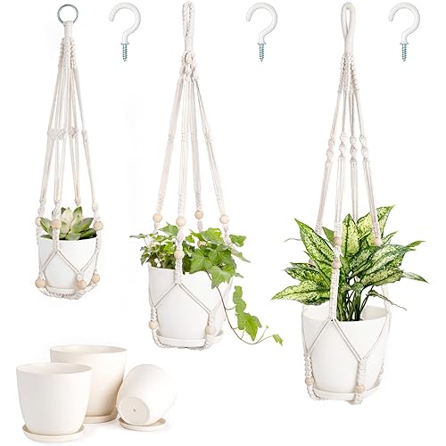 Mkono 3 Pack Macrame Plant Hangers with Pots, 35"/29"/23" Indoor Different Size Hanging Planter Basket Flower Pot Holder with Saucers & Hooks No Tassels (Plastic Pots Included), Medium, Ivory
