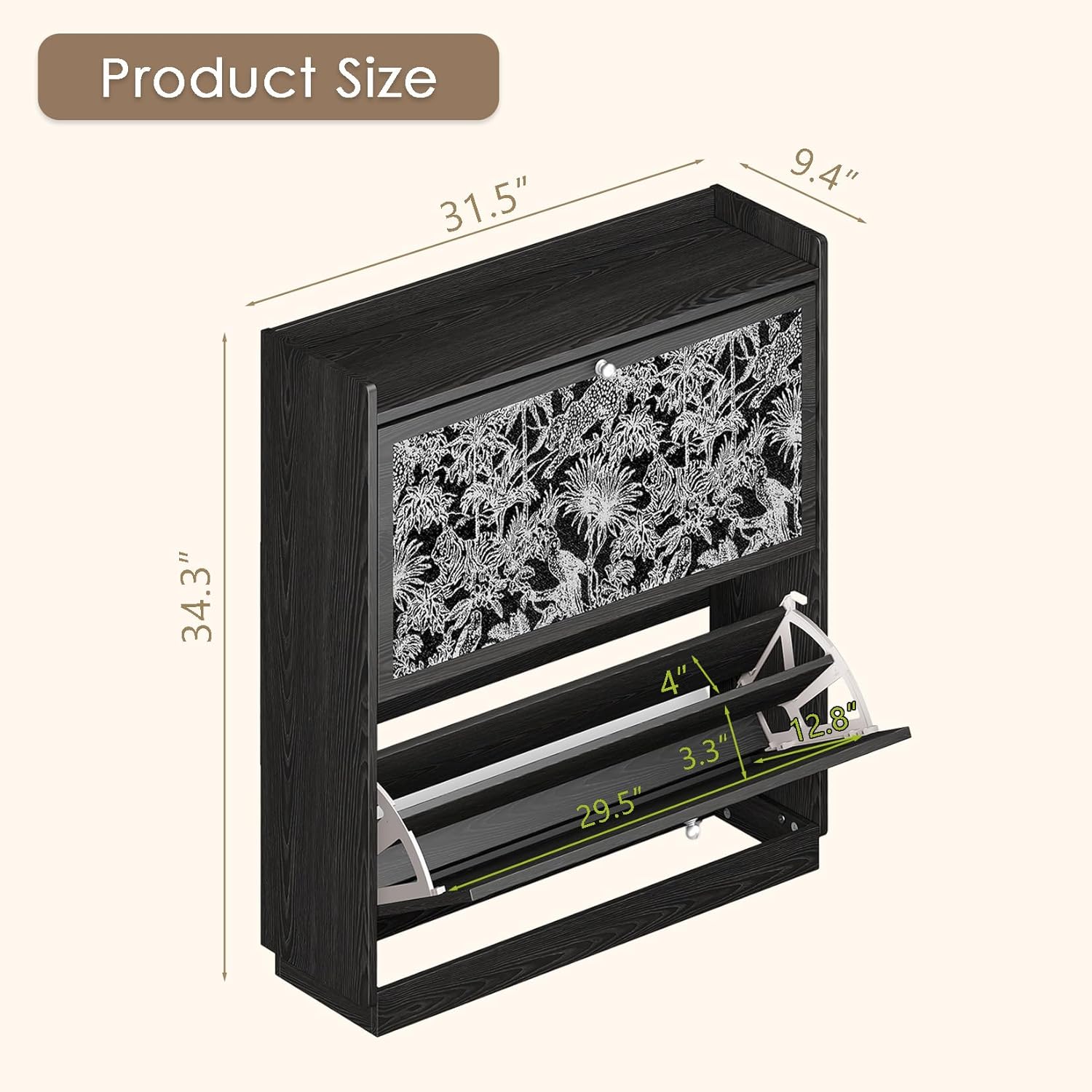 Shoe Storage Cabinet for Entryway with 2 Flip Drawers, Slim Black Shoe Cabinet, Narrow Hidden Wooden Shoe Organizer with Floral Fabric-Inlaid Doors for Hallway, Foyer