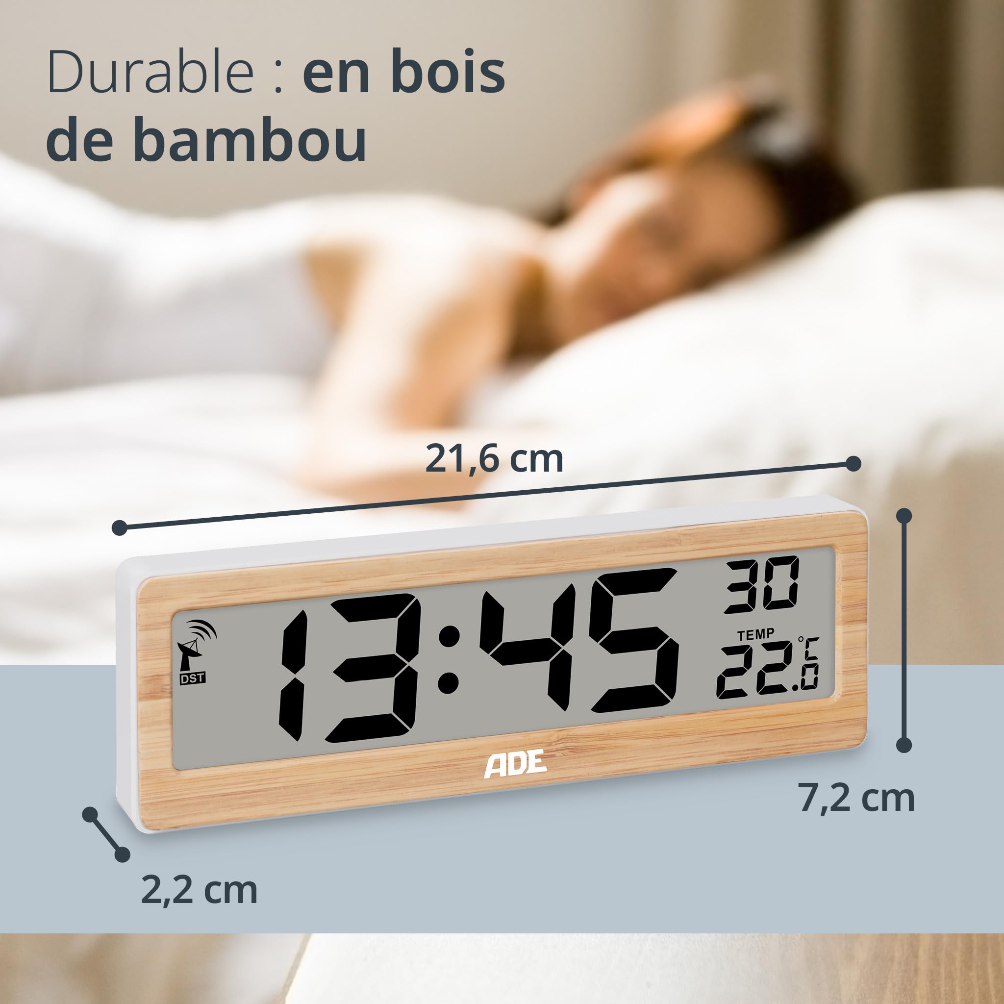 Réveil Matin Radiopiloté ADE Avec Grands Chiffres XXL - Horloge Numérique Calendrier, Température & Humidité, Noir