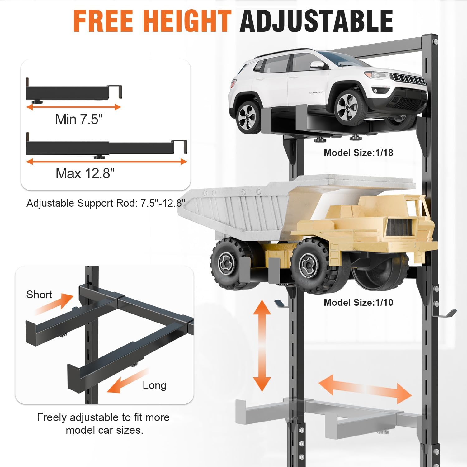 6-Tier RC Car Storage Rack, Adjustable Width & Height RC Car Display Stand for 1/6 1/10 1/12 1/18 1/24 Scale RC Cars & Trucks, Metal RC Crawler Workstation Shelf Organizer with Lockable Wheels