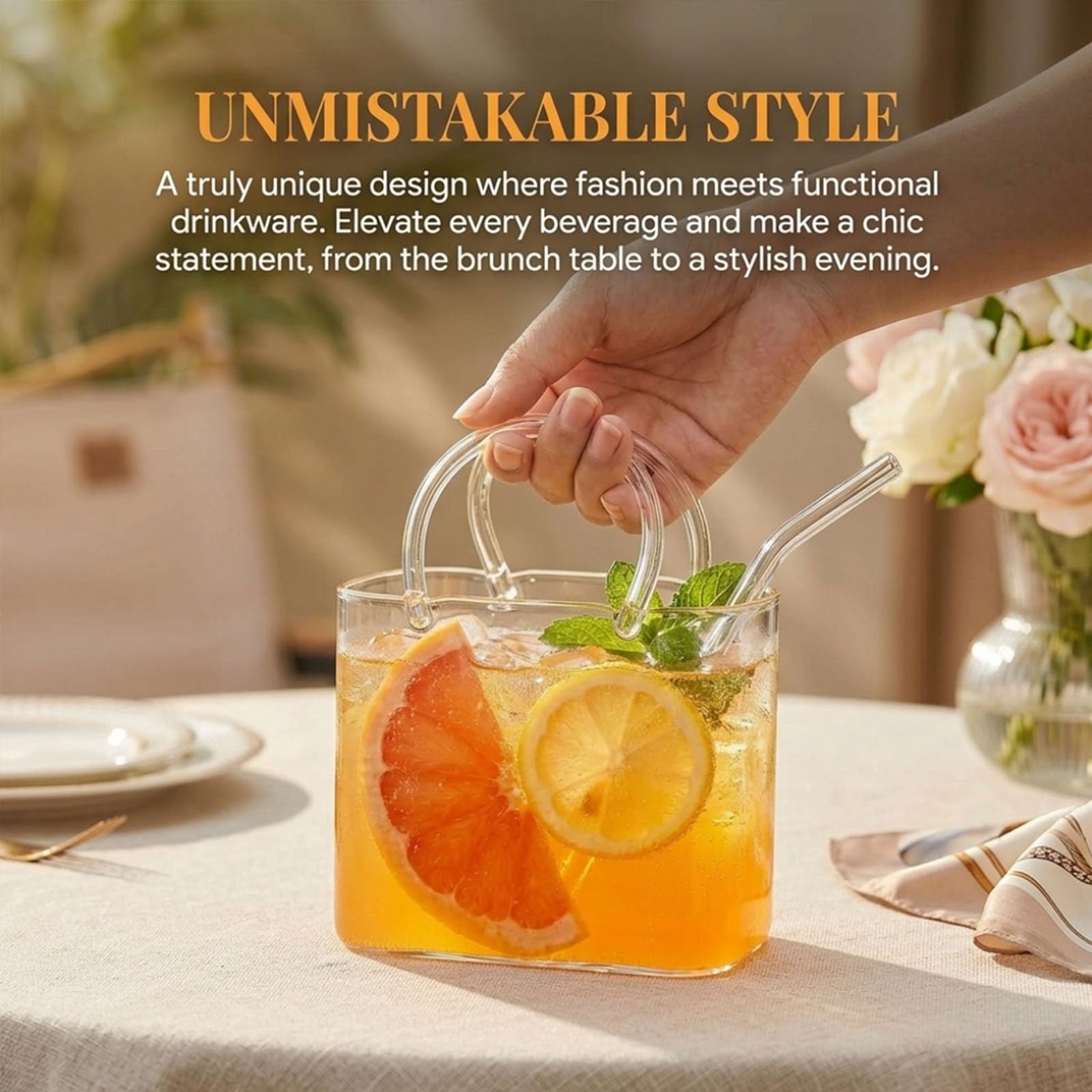 Borsa in vetro per bevande, 760 ml, bicchiere a forma di borsetta con cannuccia e manico, bicchieri creativi da cocktail per vino e bevande, regalo unico fatto a mano per donne (6 pezzi)