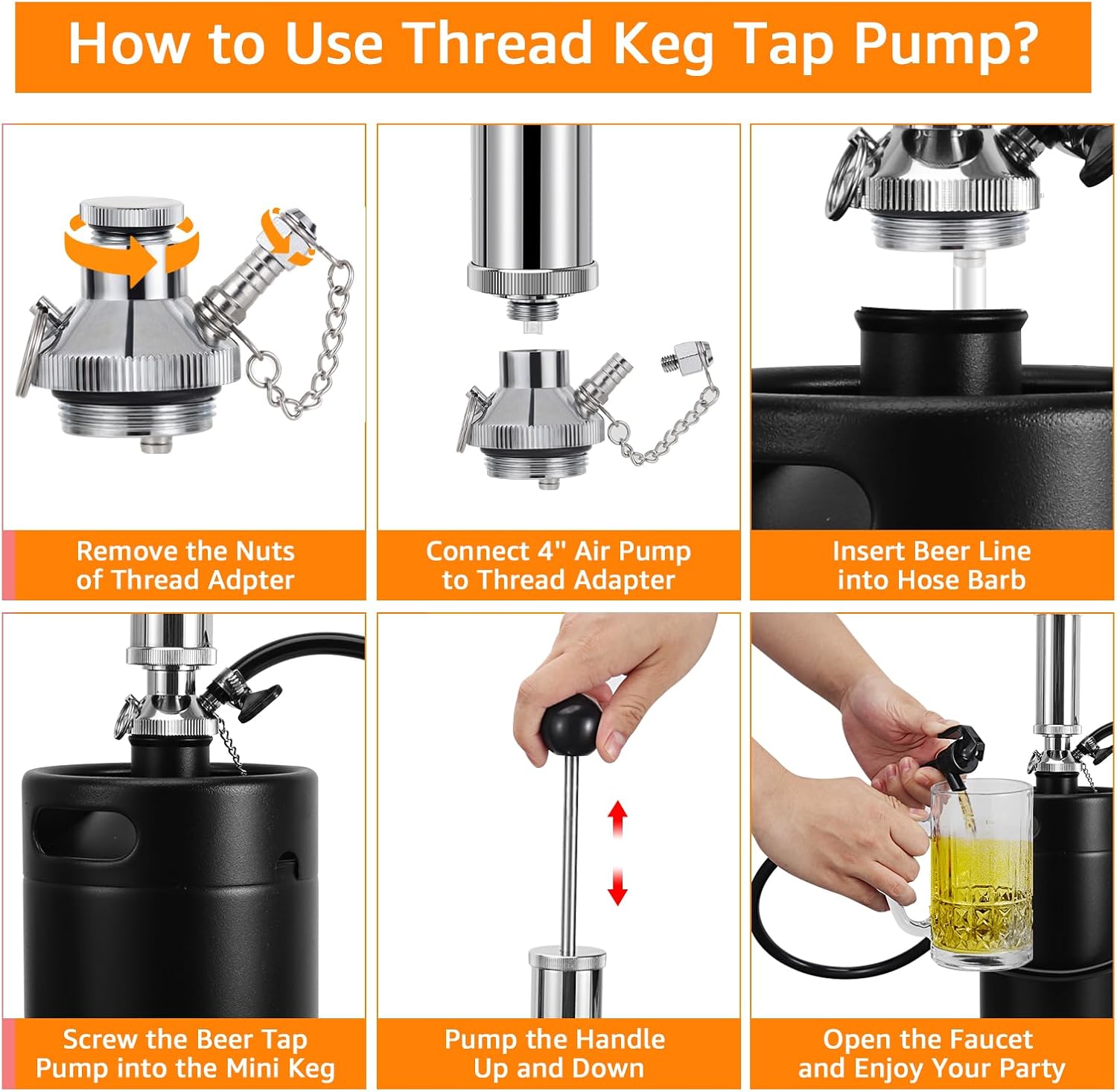 4" Threaded Keg Pump Tap - Mini Keg Dispenser, Mini Beer Keg Growler Tap Kit, Portable Picnic Beer Tap for Home Bar, Party Beer Hand Pump with Beer Hose, 2 Beer Faucet and 2 Hose Clamps
