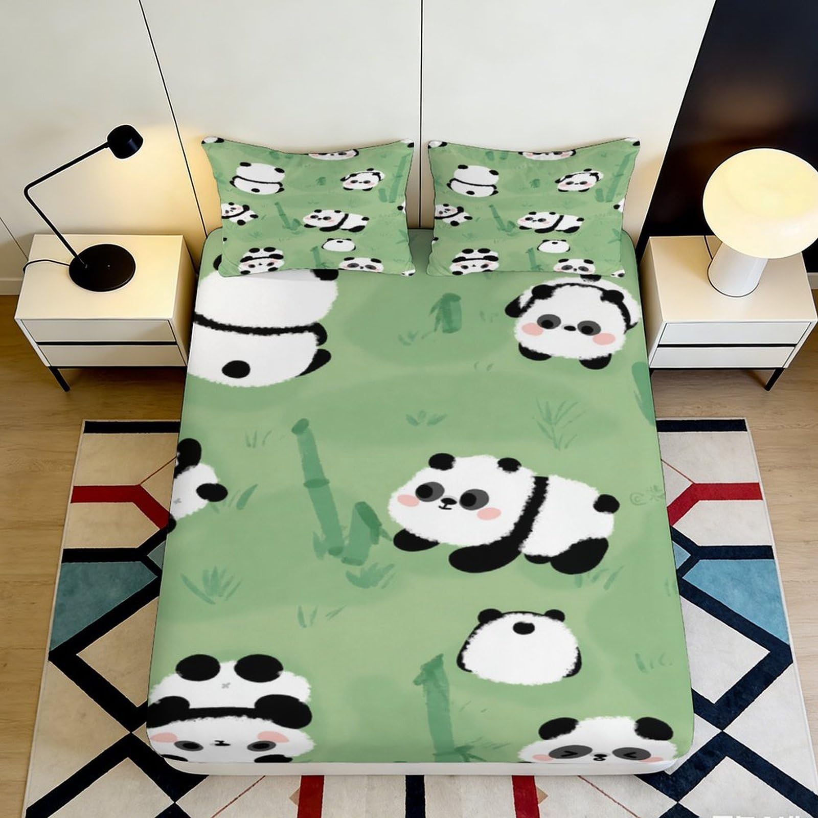 3D Printed Cartoon Panda Fitted Sheet Microfiber Soft Green Bamboo Bed Cover for Bedroom Guest Room Easy Care 90x200x25cm