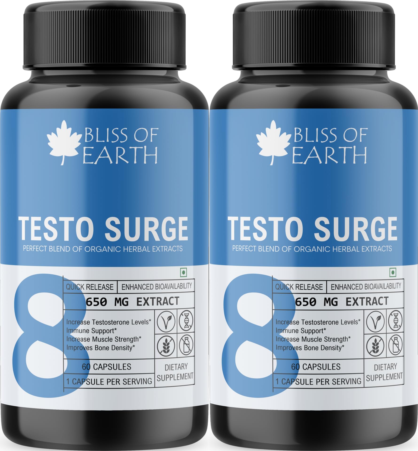 Bliss of Earth Ayurvedic Testosterone Booster Supplement for Men, with Shilajit, Ashwagandha, Tribulus Terrestris, Safed Musli, Gokhru, Vitality, Stamina & Testo Booster for Men, 2X60 Capsules