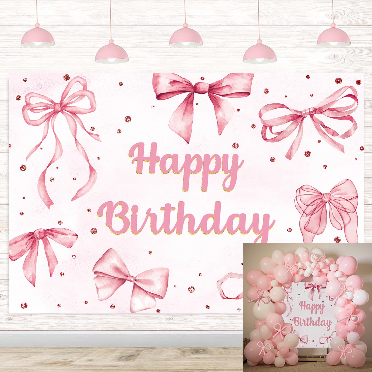 Pink Bow Happy Birthday Backdrop Coquette Birthday Party Photography Background for Girls Women Cute Bachelorette Party Baby Shower Decoration Banner