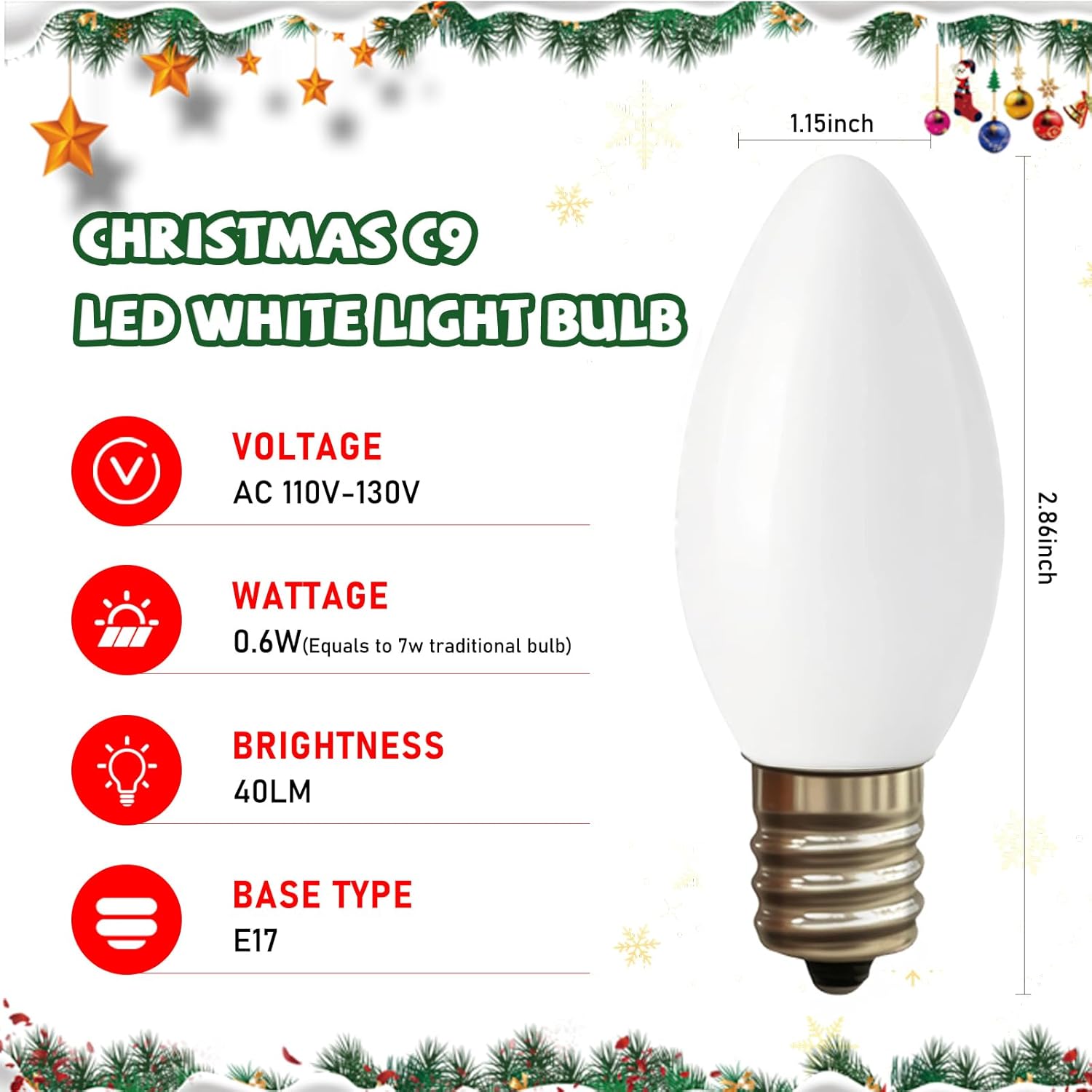 25 Pack C9 Christmas White LED Light Bulb,Vintage Warm White Plastic C9 Replacement Bulbs Shatterproof C9/E17 Intermediate Base 0.6 Watt Great for Night Lights Christmas Outdoor String Lights
