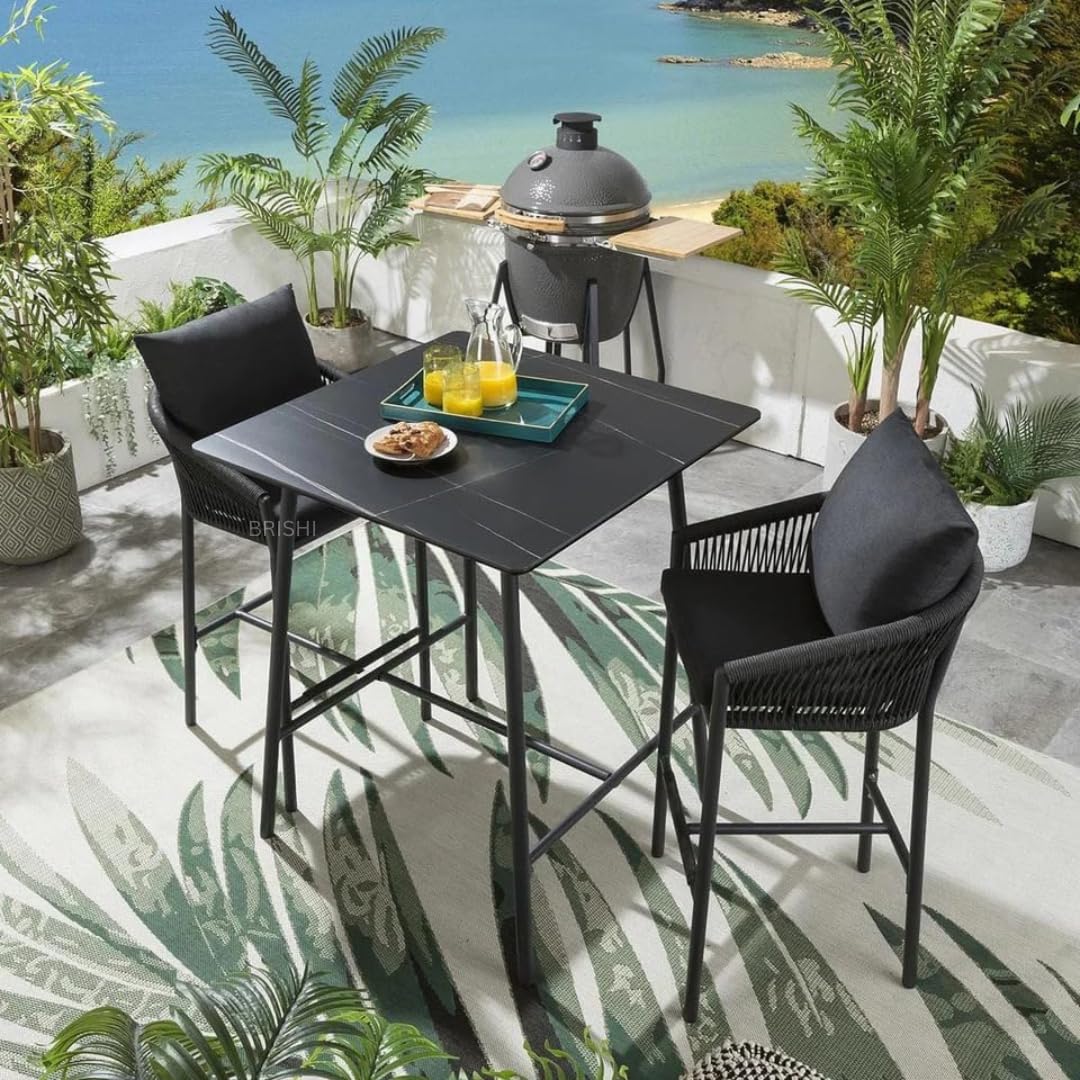 BRISHI Outdoor Bar Set Garden Patio Bar Set Chairs and Table Set Balcony Braid & Rope (2 Seater, Black)-image-35