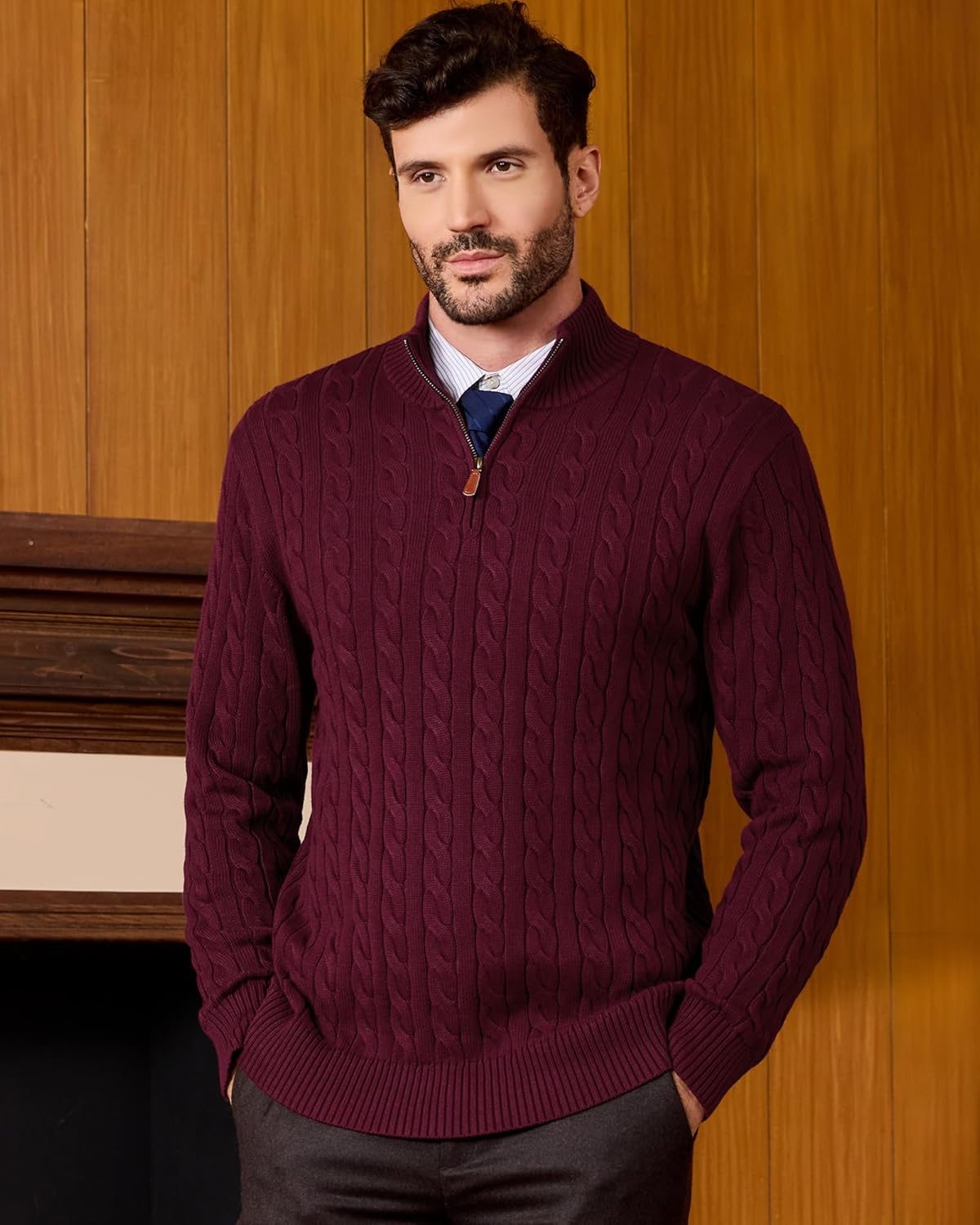 Kallspin Men's Quarter Zip Sweater Pullover Pure Cotton Cable Knit Long Sleeve Business Casual Knitwear - Image 5