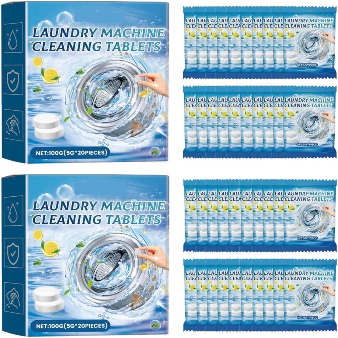 Washing Machine Cleaner Tablets Effervescent, Odor Eliminating Stain Removing Formula for Fresh Drum and Clothes(40 Pcs)