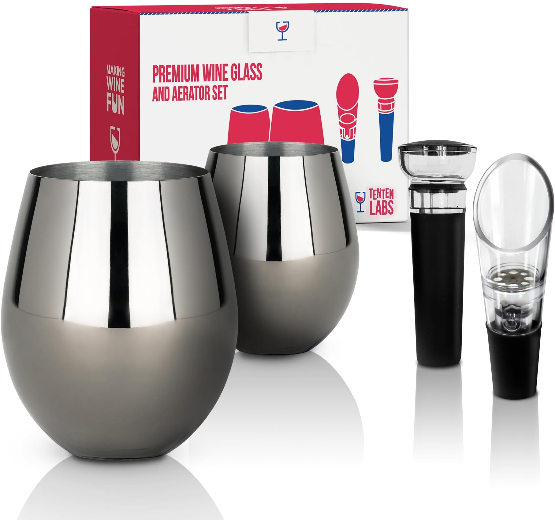 TenTen LabsStainless Steel Stemless Wine Glasses (Set of 2) with Wine Aerator and Stopper - 18oz - Unbreakable Wine Glass for Outdoors, Travel, Camping and Pool - Gunmetal Grey