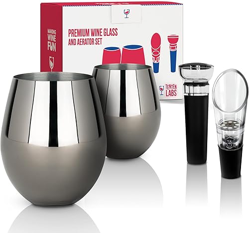 Copas de vino sin tallo de acero inoxidable (juego de 2) con aireador y tapón de vino  18 onzas  Copa de vino irrompible para exteriores, viajes,