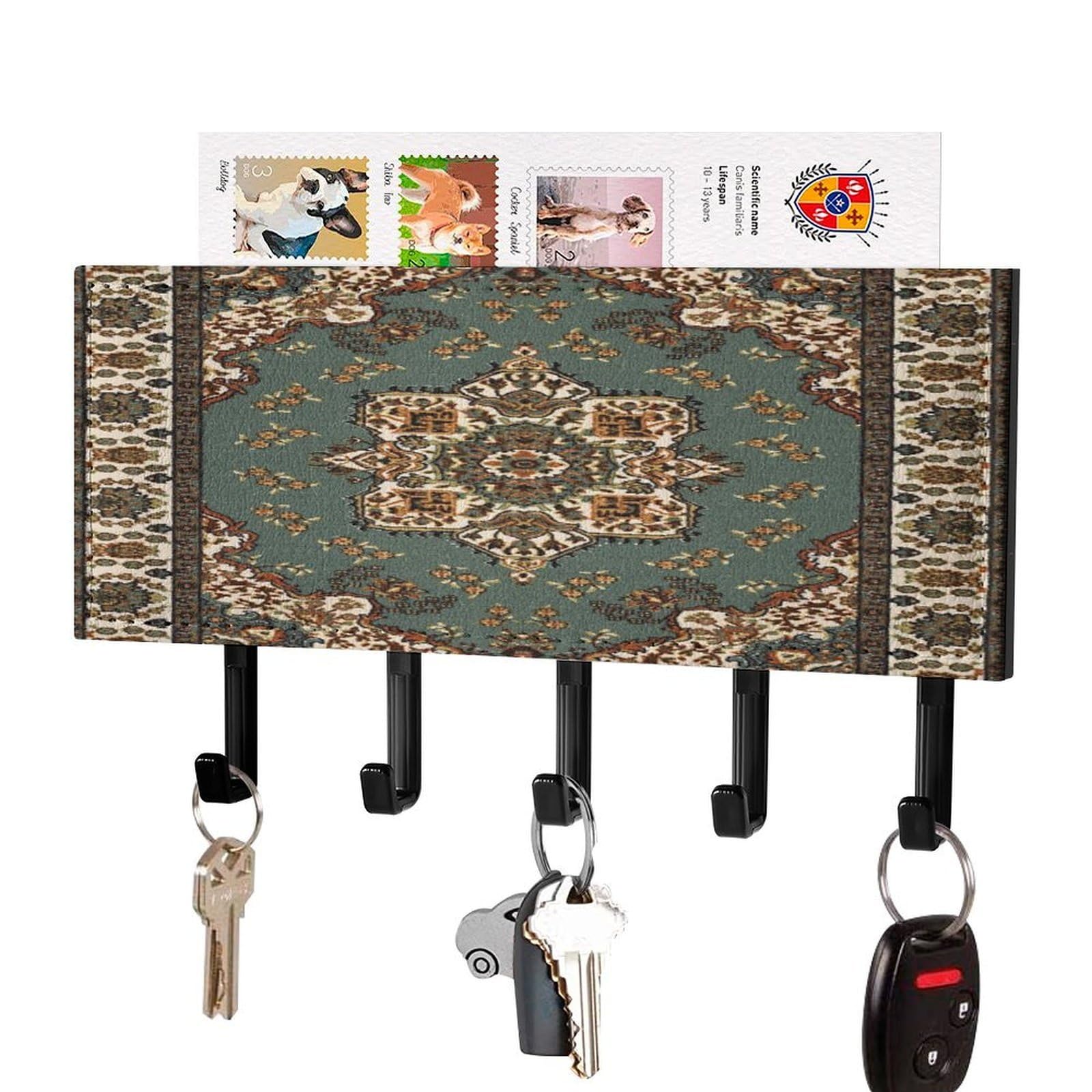 Fekiloot Black-Style Oriental Traditional Key Holder Wall Mount Key And Mail Holder Key Hanger With 5 Hooks Decorative Pu Key Rack Hanging Key Hooks For Wall Living Room Kitchen Bathroom Hallway