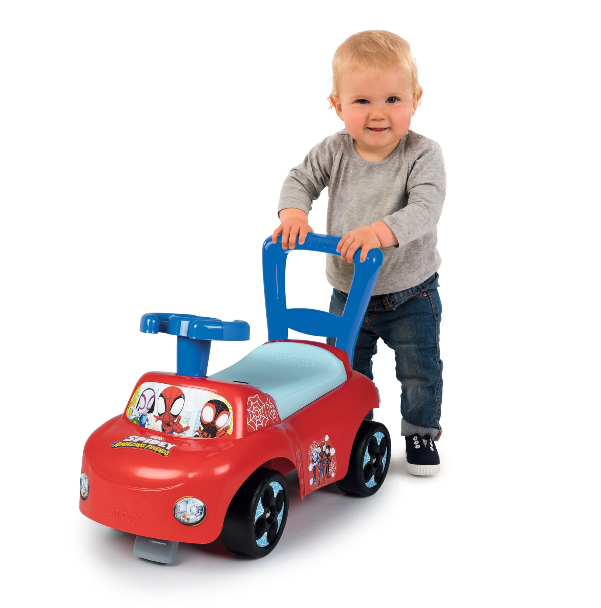 Smoby - Spidey - Porteur Auto - Fonction Trotteur - Volant Directionnel - pour Enfant Dès 10 Mois - Coffre à Jouets - 720508