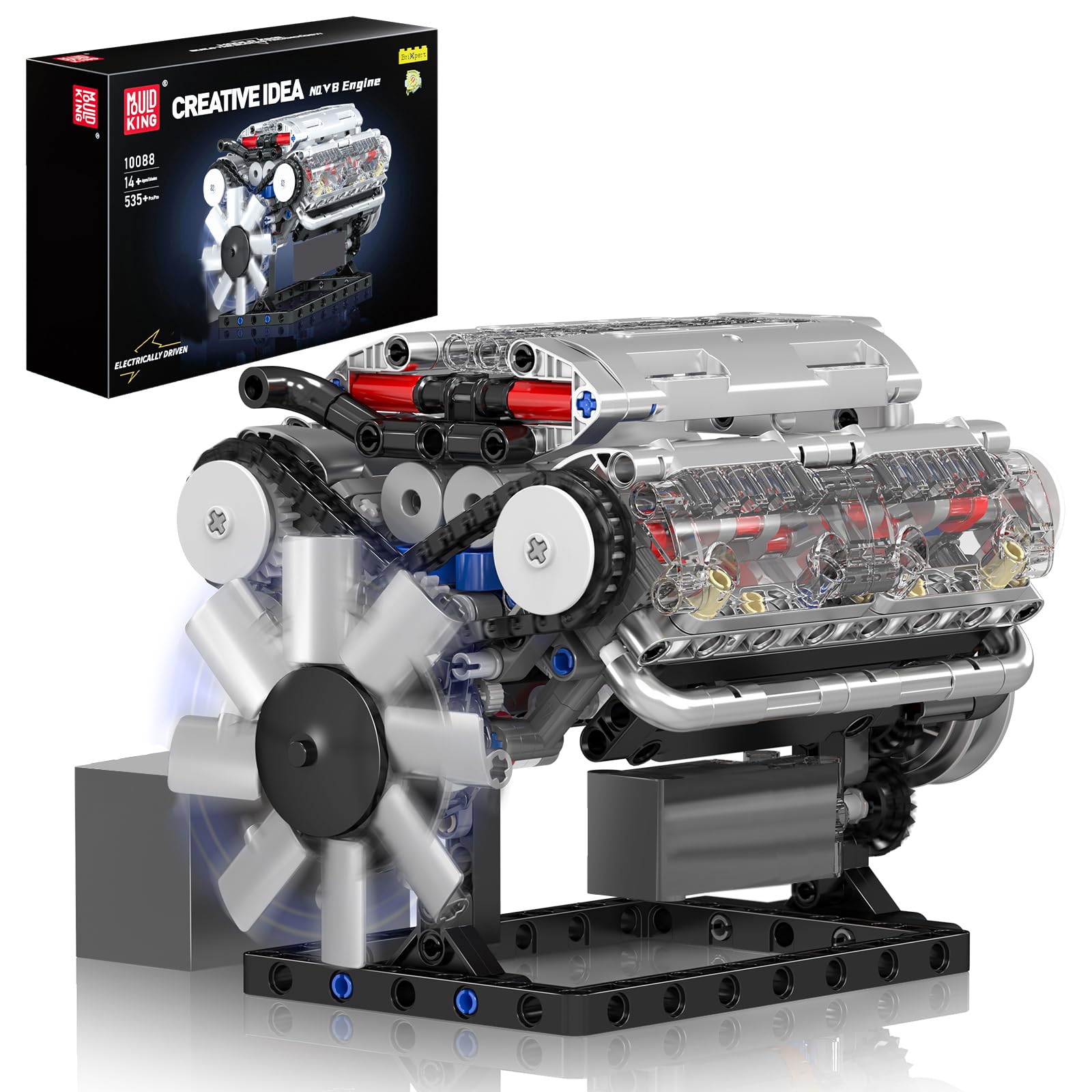 Mould King 10088 Technik V8 Motor Bausatz Benzin Bausteine Benzinmotor Modellbausatz Klemmbausteine mit Sound Engine Motorenkit Geschenke für Erwachsene(535 Teile)