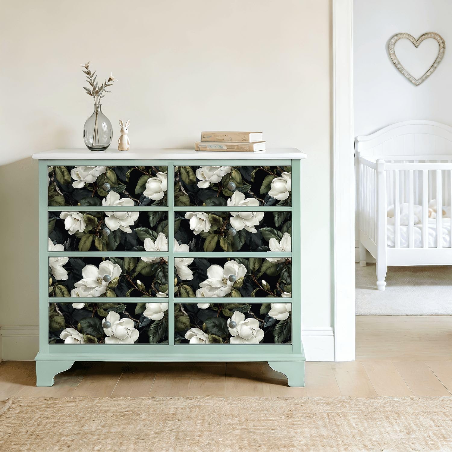 Rivestimento per mensole e armadietti, elegante bianco magnolia fiori verde scuro foglie nere autoadesivo per cassetti 45 cm x 3 m carta da parati per mobili da cucina