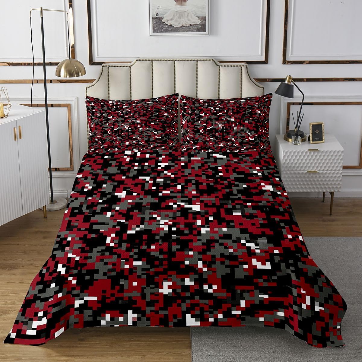 Black Red Camo Bedspread Queen Size,Grey Geometric Plaid Camouflage Bedding Set 3pcs for Kids Men Boys Room Decor,Adult Army Lovers Quilt Set Modern Microfiber Comforter Set,2 Pillowcases