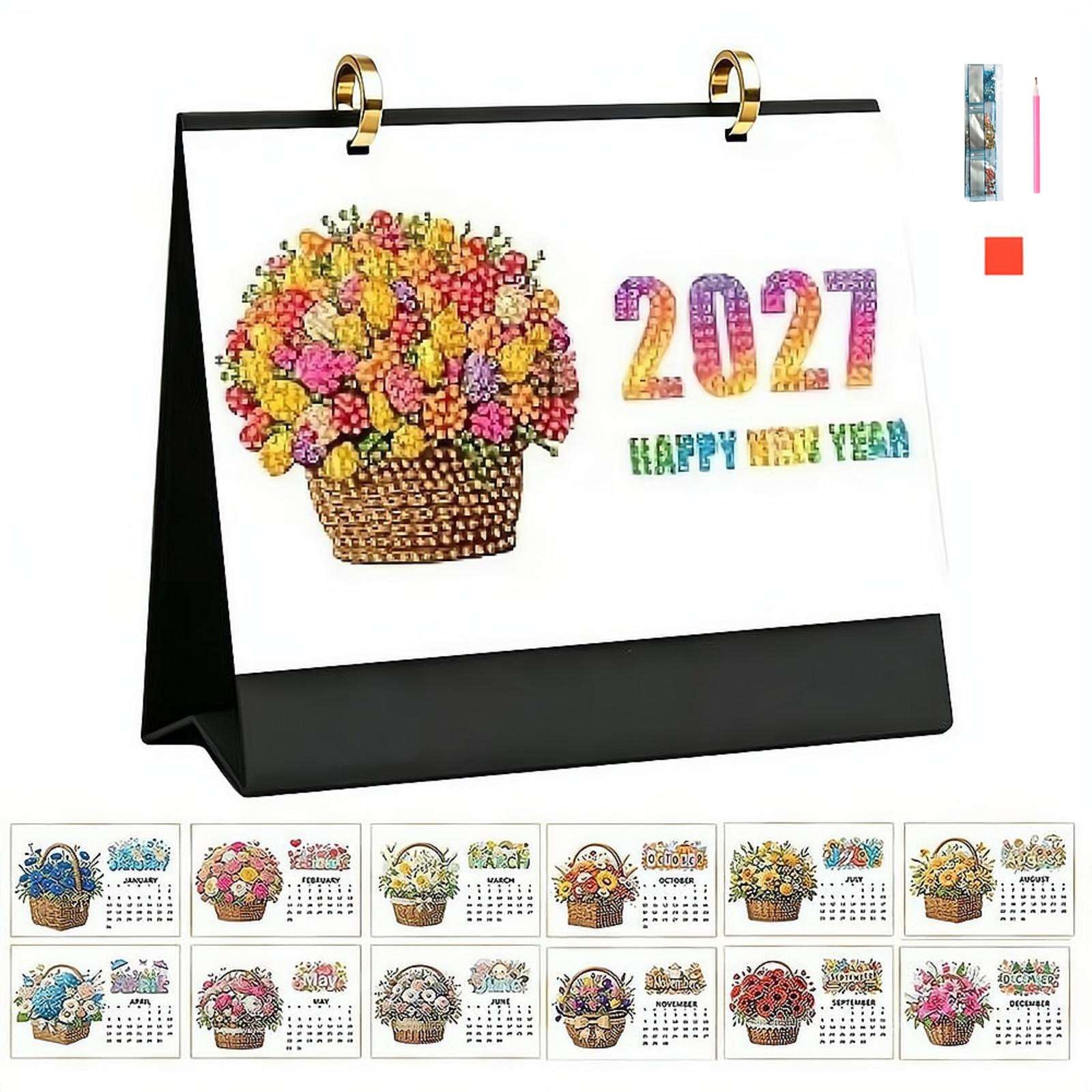 DIY Diamond Art Painting 2027 Monthly Floral Desk Calendar Kit,Creative 12 Month Desktop Ornament,Diamond Art Painting Monthly Flip,Handmade Vintage Wooden Perpetual Calendars for Home Office