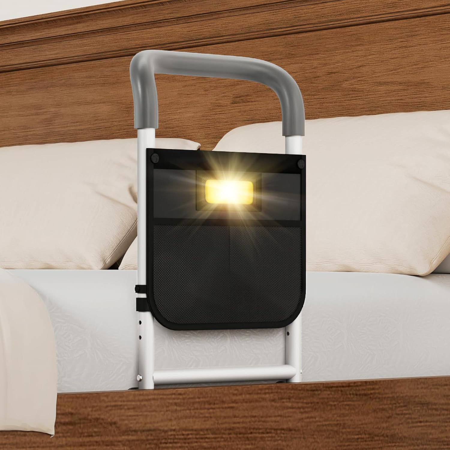 HOMEAL Bed Rails for Elderly Adults Safety, Adjustable Bed Assist Rail with Motion Light, 350lbs Heavy Duty Bedside Safety Cane with Storage Pocket & Fixing Strap, Fit Standard & Adjustable Bed (Grey)