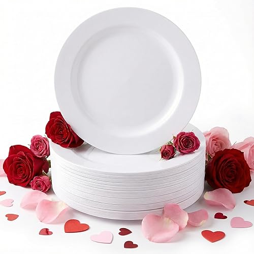 I00000 50 Pcs White Plastic Dessert Plates, 7.5 inch Disposable Salad Plates, Premium Appetizer Plates for Party, White Plastic Plates for Wedding