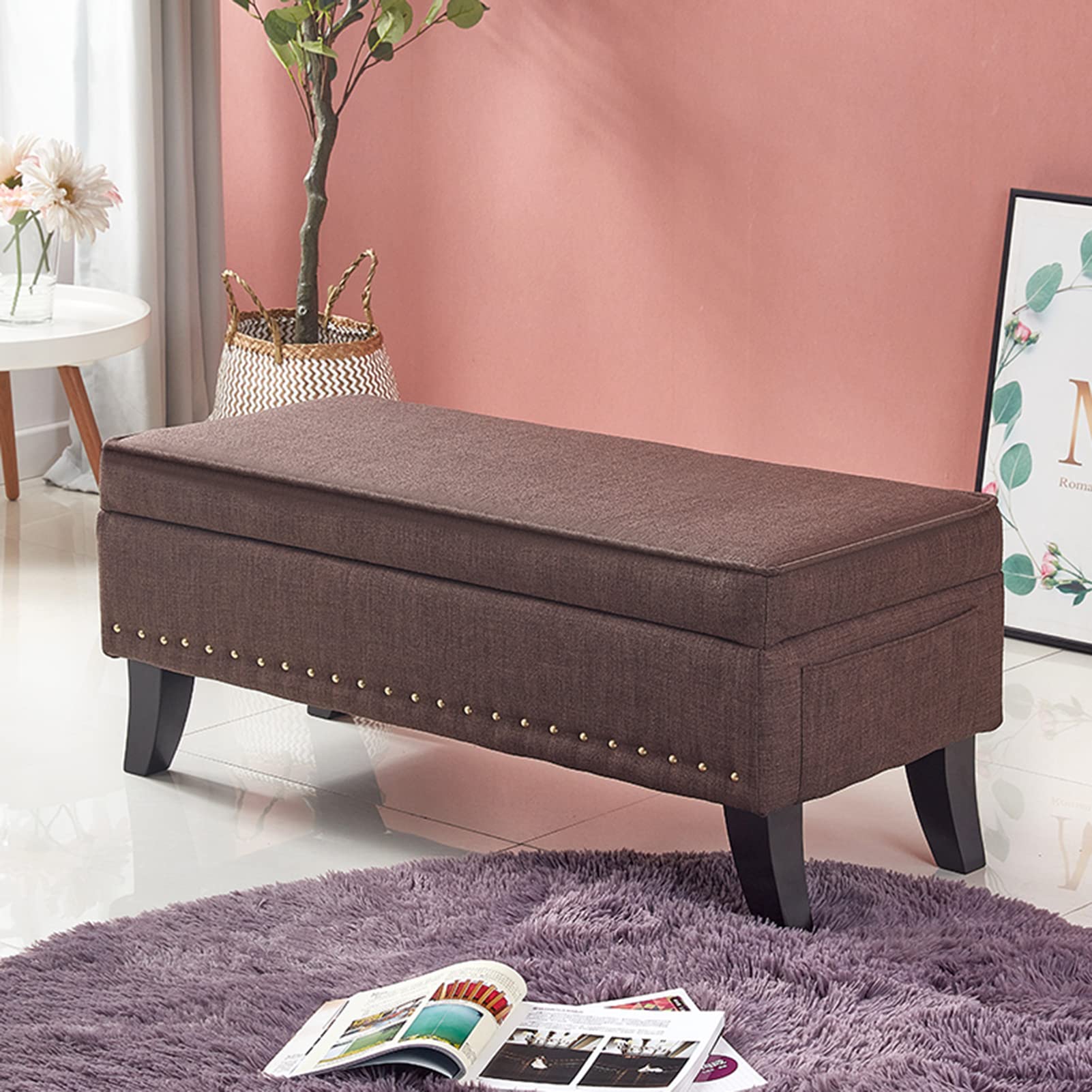 Repose-pieds de rangement en lin premium et assise rembourrée haute densité