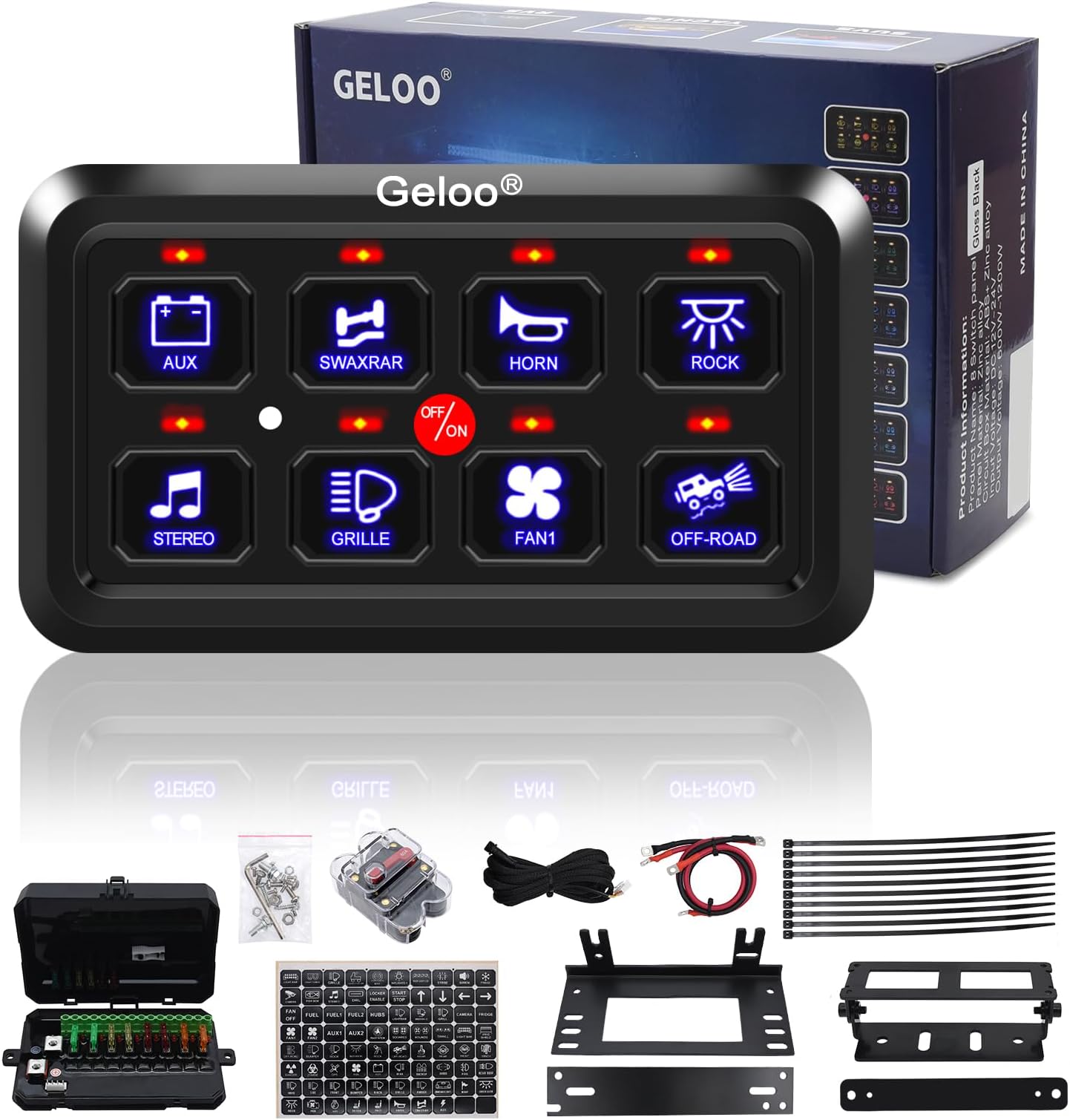 Geloo 8 Gang Switch Panel, Universal 12V Switch Panel with Automatic Dimmable, Built-in Relay Control Box Tounch Switch Panel for Car Truck SUV Boat Marine Off-Road, Blue, Gloss Black