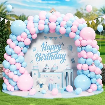 Pink Blue Balloons, 138 pcs Pastel Macaron Baby Blue Pink Latex Balloon Garland Arch Kit for Girls Boys Birthday Bridal Baby Shower Wedding Gender Reveal Engagement Christening Party Decorations