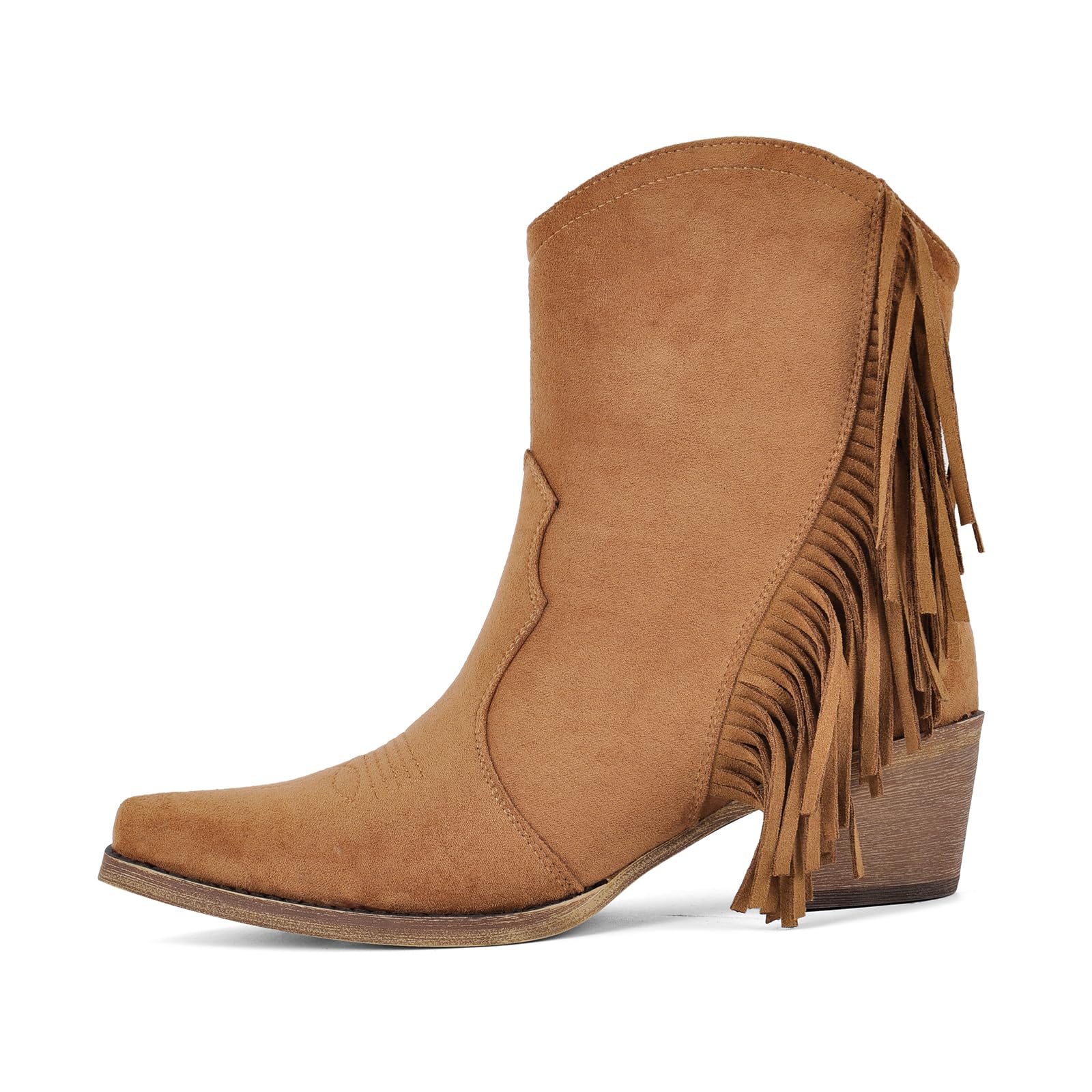 Womens Fringe Ankle Cowgirl Boots Western Short Cowboy Booties Pointed Toe Mid Heel 5 5cm Faux Suede Pull-On