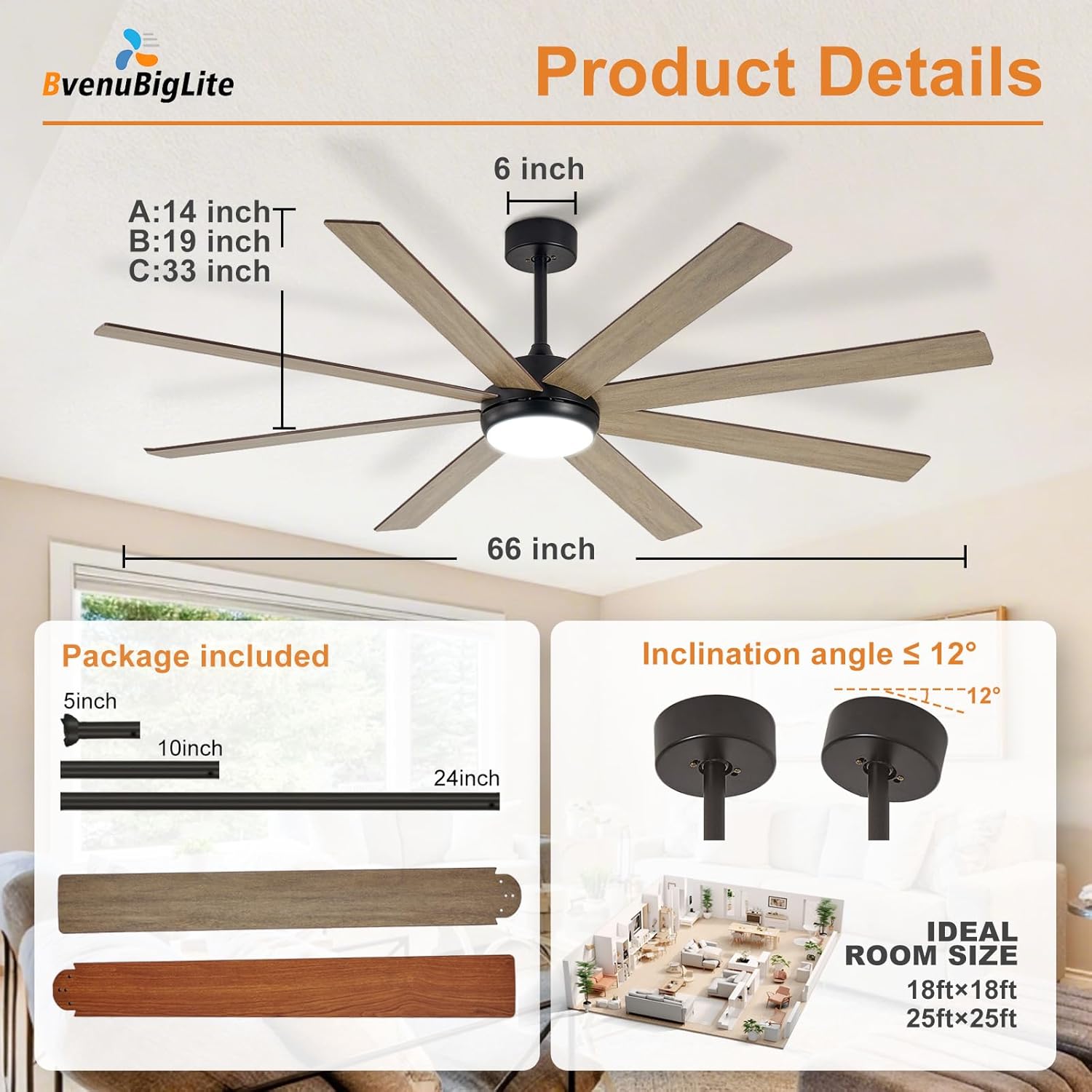 Large Ceiling Fan with Light: 66 Inch Indoor/Outdoor Fan Reversible DC Motor 6 Speed - Dual 8 Blades Big Ceiling Fans with Lights Dimmable 3CCT for Living Room Covered Patio, Wooden