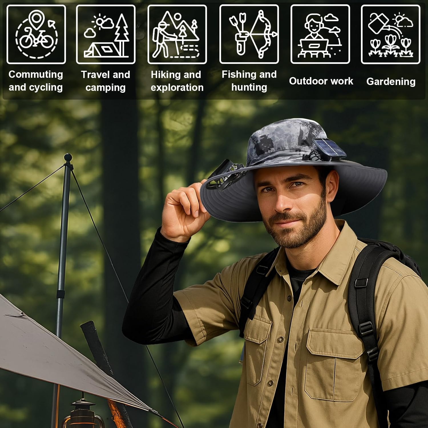Solar Fan Hat,Wide Brim Solar Powered Fan Hat,Sun Hat with 2 Built-in Fans for Men - Image 5