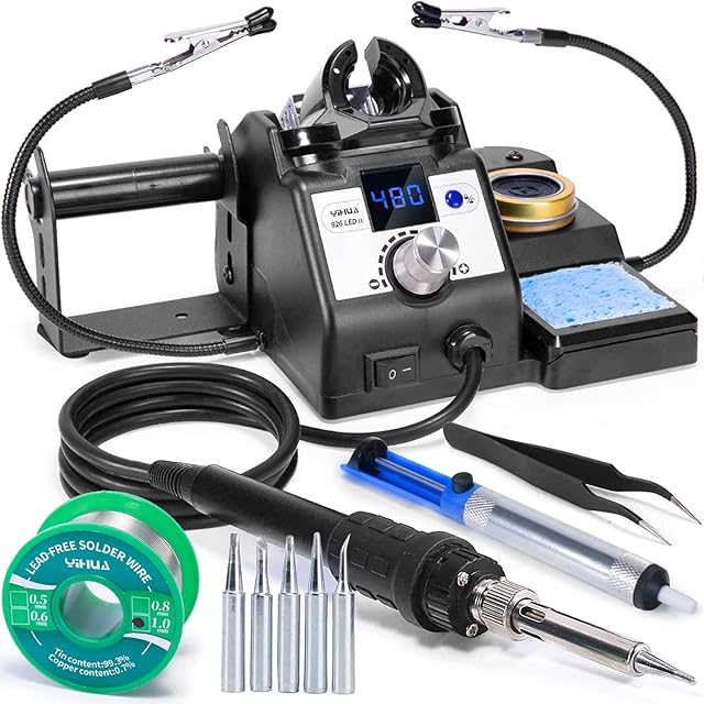 YIHUA 926LED IV 60W Digital Soldering Iron Station Kit w Temperature Stabilization for Soldering & Desoldering w Helping Hands 5 Soldering Iron Tips Lead-Free Solder Solder Sucker UK Plug (Silver)