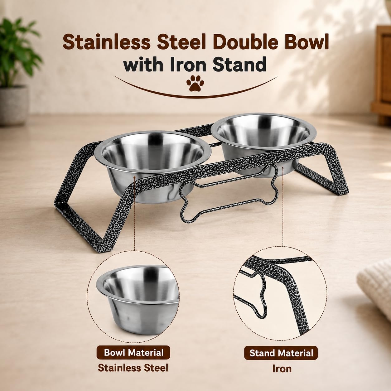 PAWPOURRI Curved Elevated Dog Diner Set with 800ml Stainless Steel Double Bowls & Iron Stand β Raised Pet Feeder for Small Dogs, Puppies & Cats, Food & Water Bowl Set - 13.4 x 6.7 x 4 Inch 2