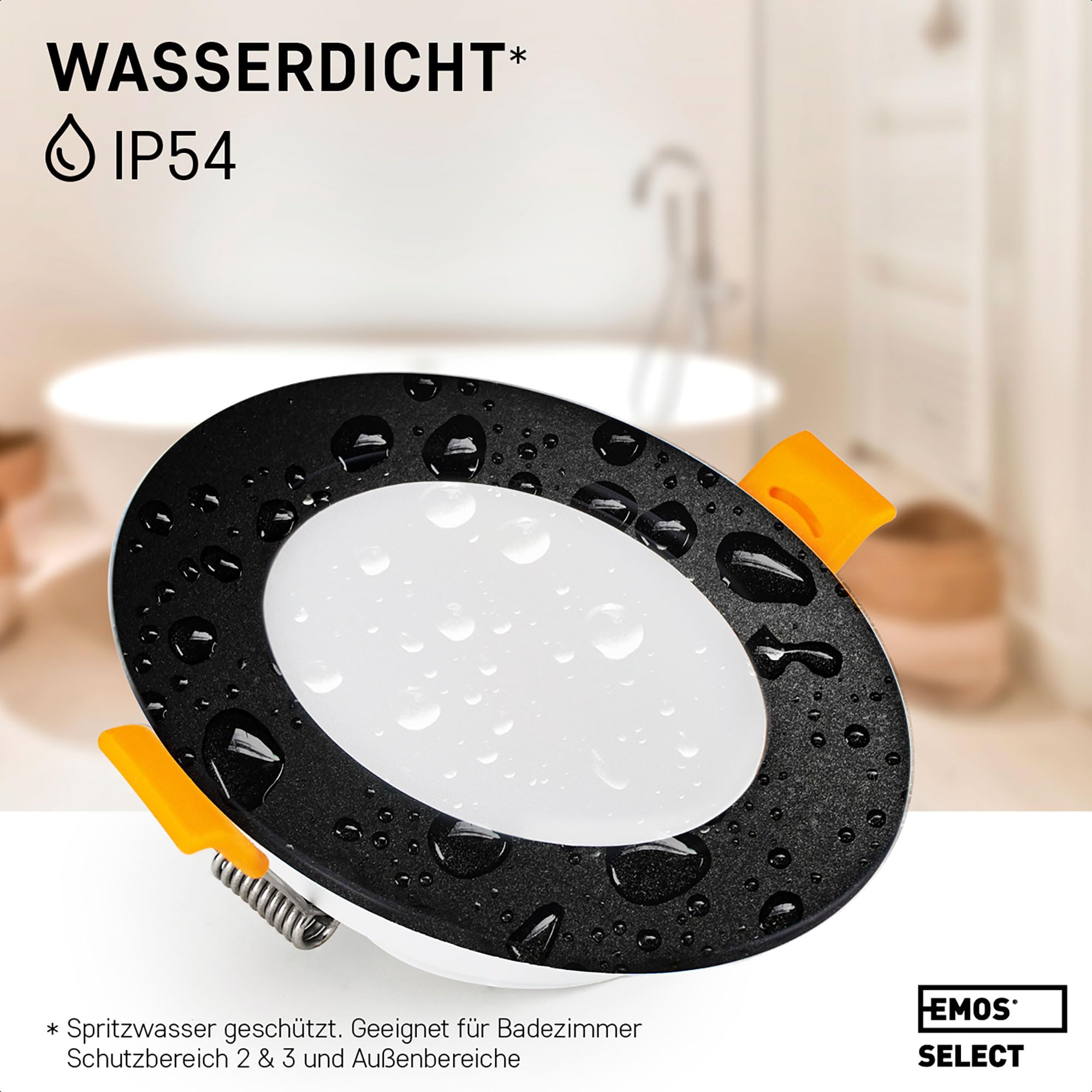 Emos Exclusive Einbaustrahler LED Spots 230V, 5W, 500lm, 3000K warmweiß | Set mit 12 Downlight LED Spots Badezimmer etc., wasserdicht IP54 | LED Einbaustrahler 230V, rund Ø 95mm, ultra flach, schwarz