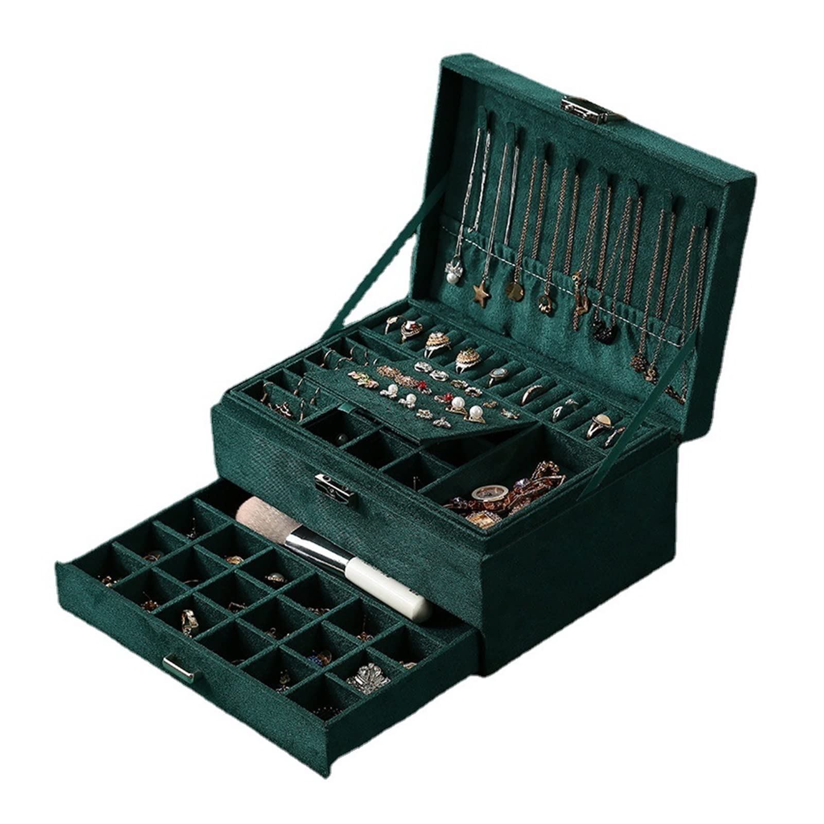 Boîte De Rangement à Bijoux En Flanelle à 3 Couches Pour Colliers, Boucles D'oreilles, Bagues Pour Femme, Grande Capacité Avec Serrure