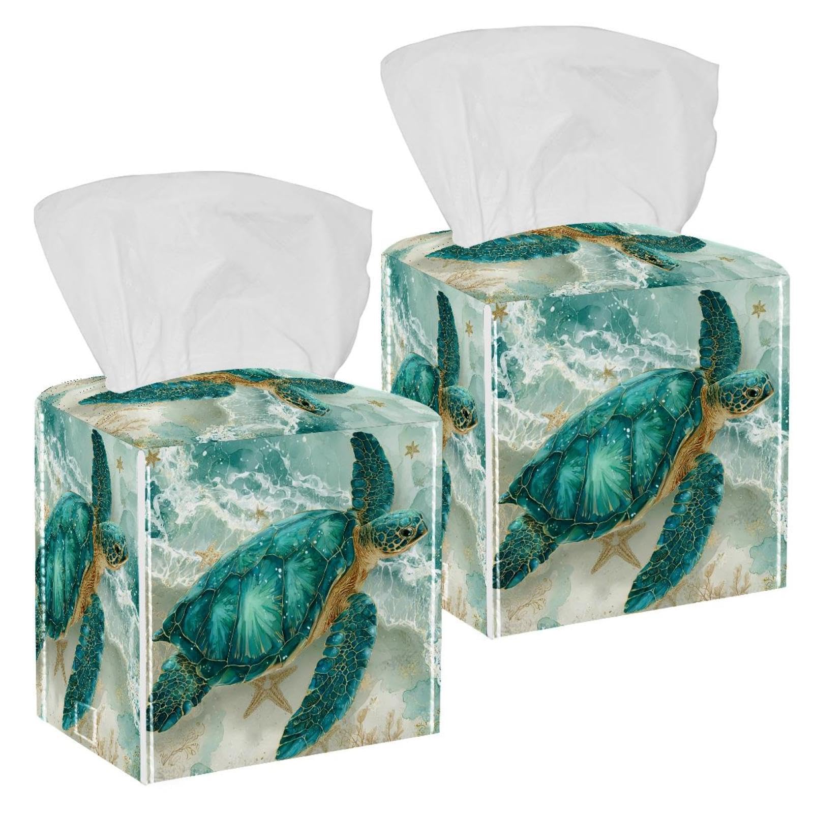 Sea ​​Turtle Tissue Box Cover, 2 Pack PU Leather Square Facial Tissue Dispenser Box holder for Home Office Car