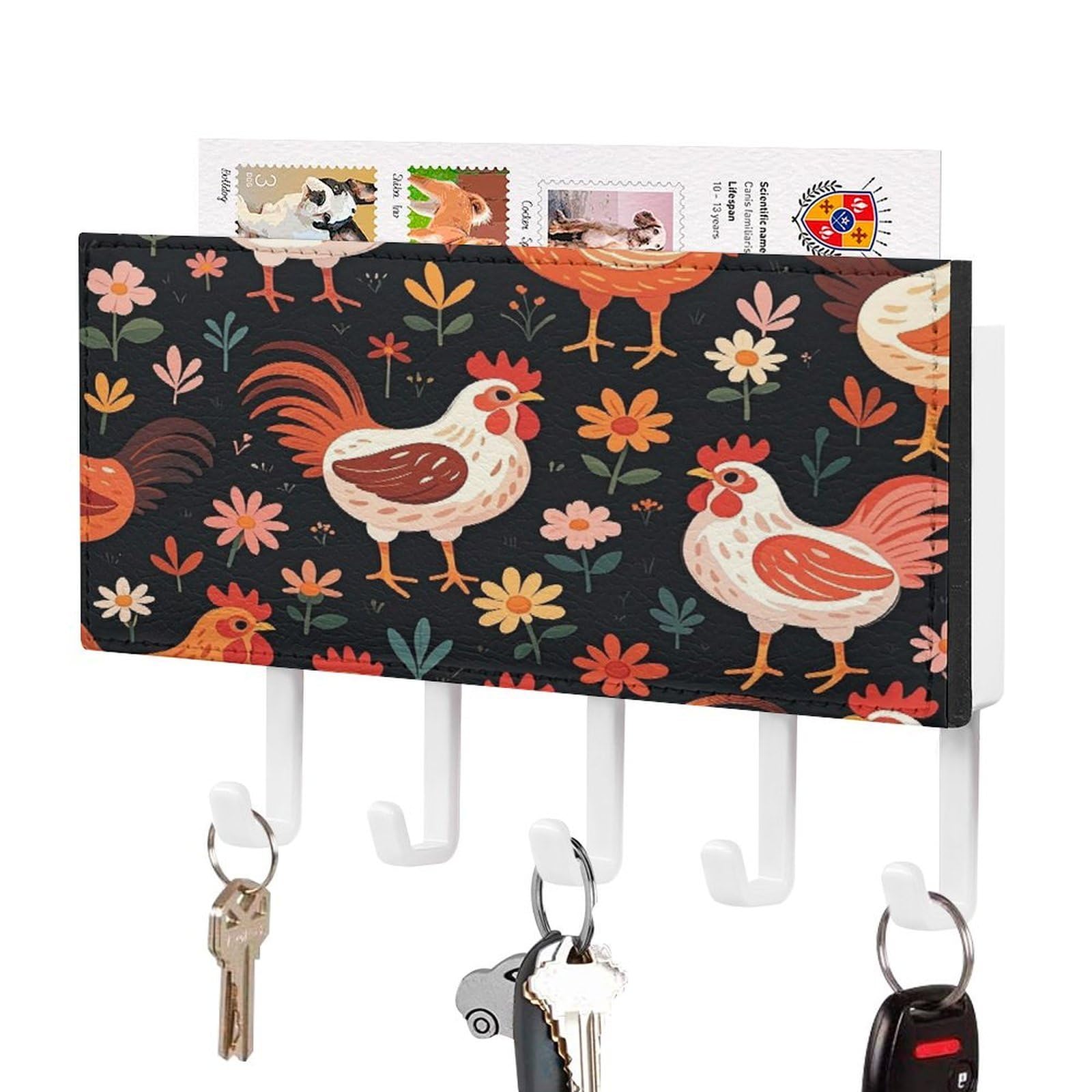 Fekiloot White-Style Cute Rooster Chickens Key Holder Wall Mount Key Hanger With 5 Hooks Decorative Key Rack Hanging Key Hooks With Mail Organizer Key Holder For Wall Living Room Kitchen Bathroom Hallway White