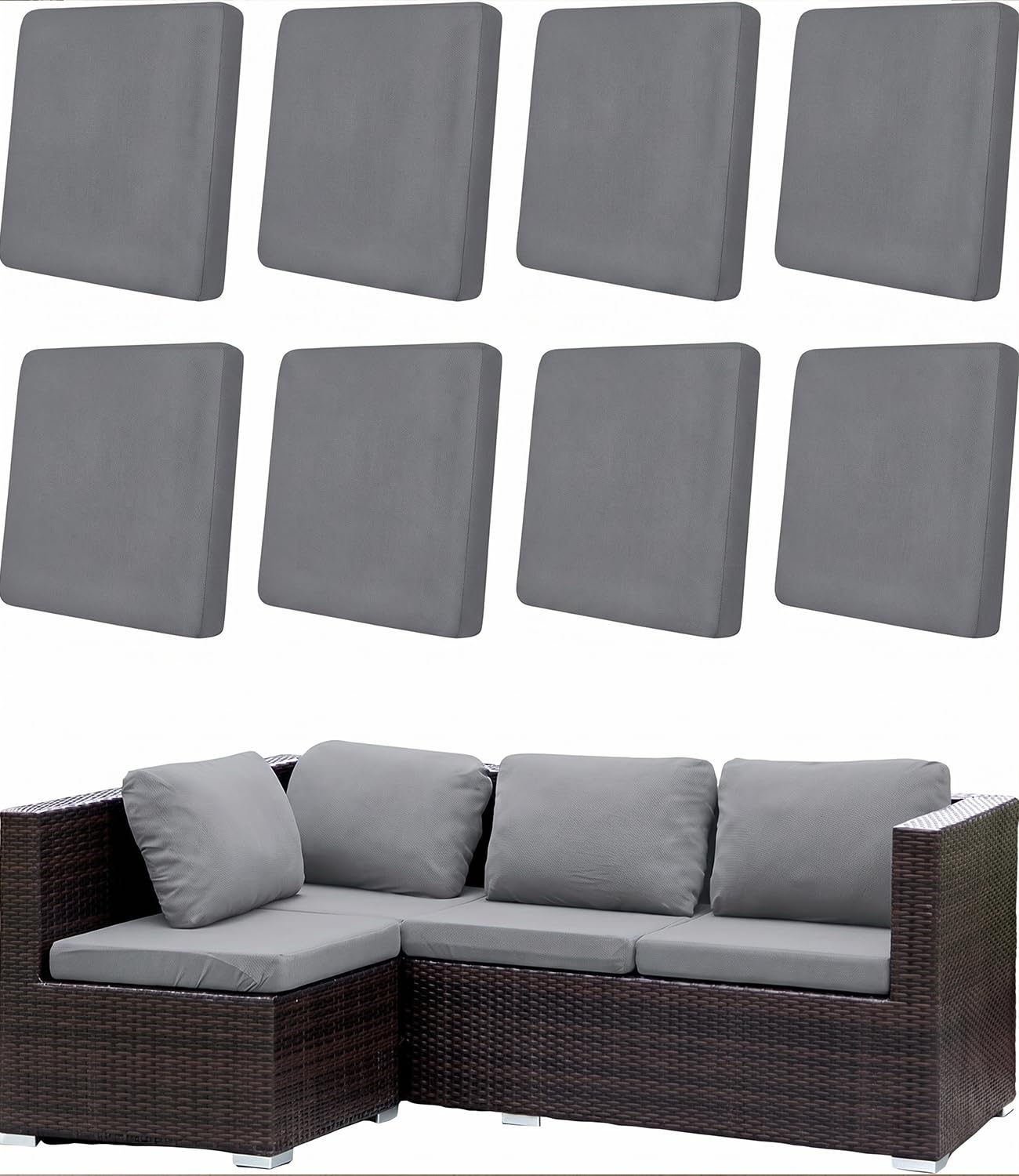 Hiseng Patio Cushion Covers Outdoor, 8 PCS Stretch Rattan Replacement Slipcovers for Garden Sofa & Couch, Grey Washable Individual Sofa Seat Cover with Elastic Band โ image 1