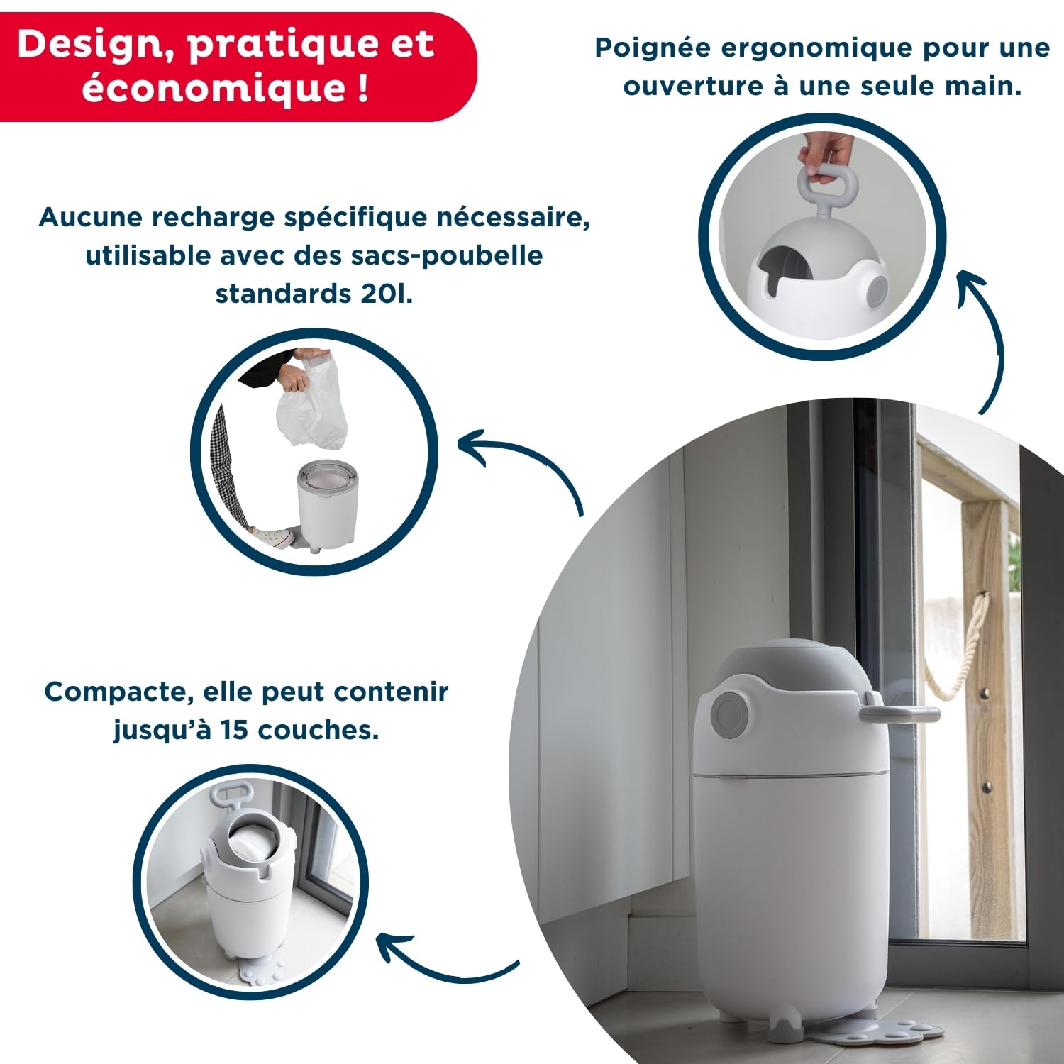 THERMOBABY - Poubelle à couches sans recharge - Compatible Avec Sacs Poubelle Standards 20 litres - Anti-odeurs - Peut contenir jusqu'à 15 couches