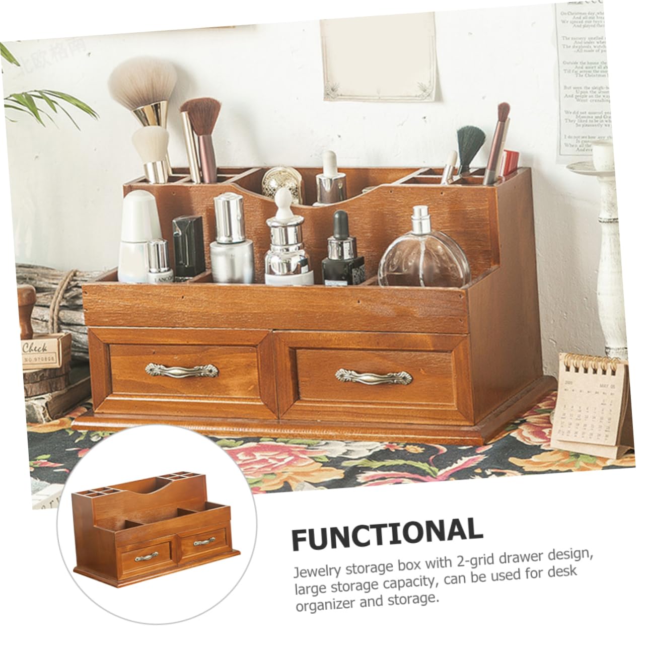 MAGICLULU Schublade mit 2-fach Schubladendesign im Vintage Stil Aufbewahrung Schmuck Großer Stauraum und Schreibtisch Organizer für Make Up und Kosmetik