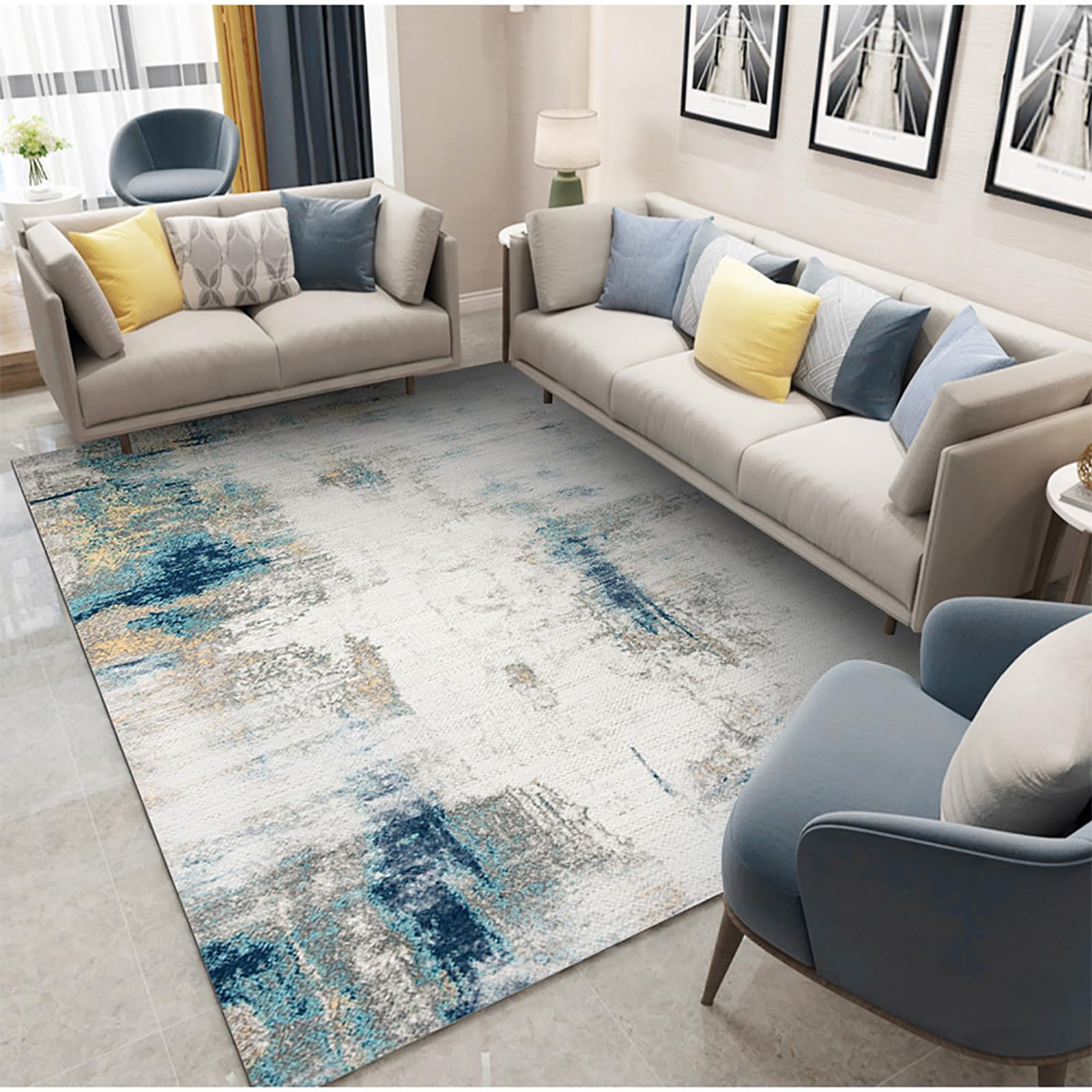 Tapis de salon moderne bleu et jaune pour une ambiance cosy