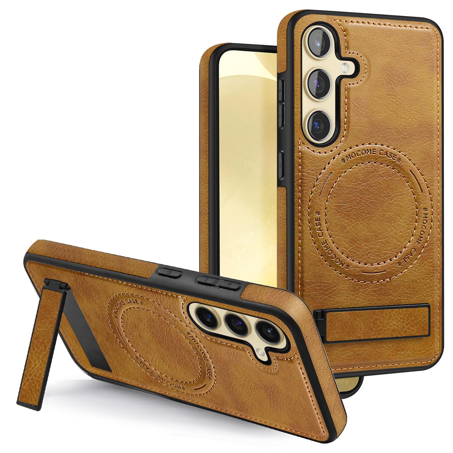 AYABUCO for Samsung Galaxy S24 Leather Case - [Compatible with Wireless Charging] - Robust Shockproof with Adjustable Stand - Brown, Includes Camera