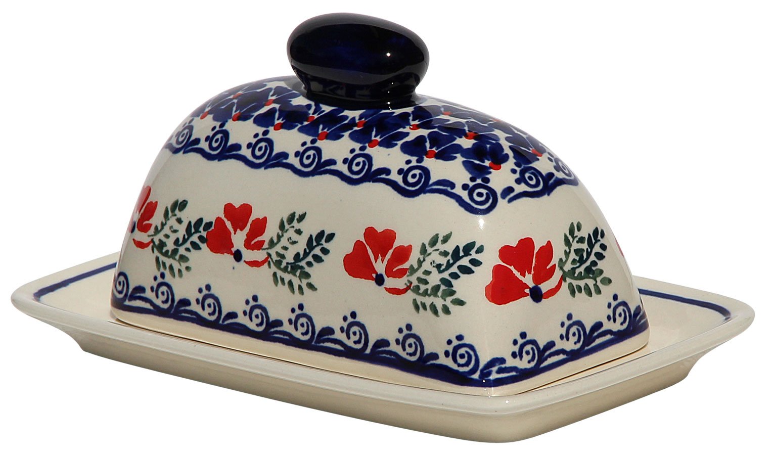 Polish Pottery Market Butter Dish 4" X 7" From Zaklady Ceramiczne Boleslawiec #1377-1115 Traditional Pattern, Dimensions: 7.5 Inch X 4.4 Inch