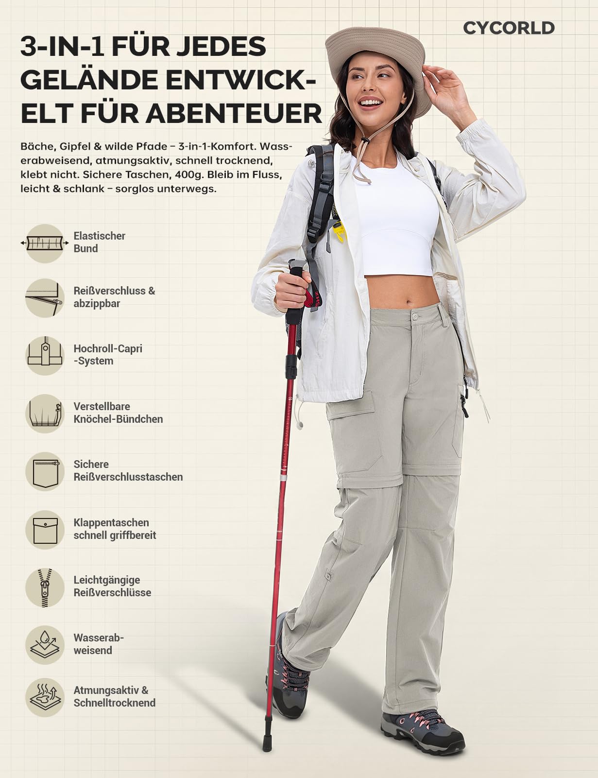 Cycorld Pantalon de Randonnée Femme - Zip Off Respirant, Léger et Extensible, Séchage Rapide, Fonctionnel pour Trekking et Plein Air, Idéal pour l'Été